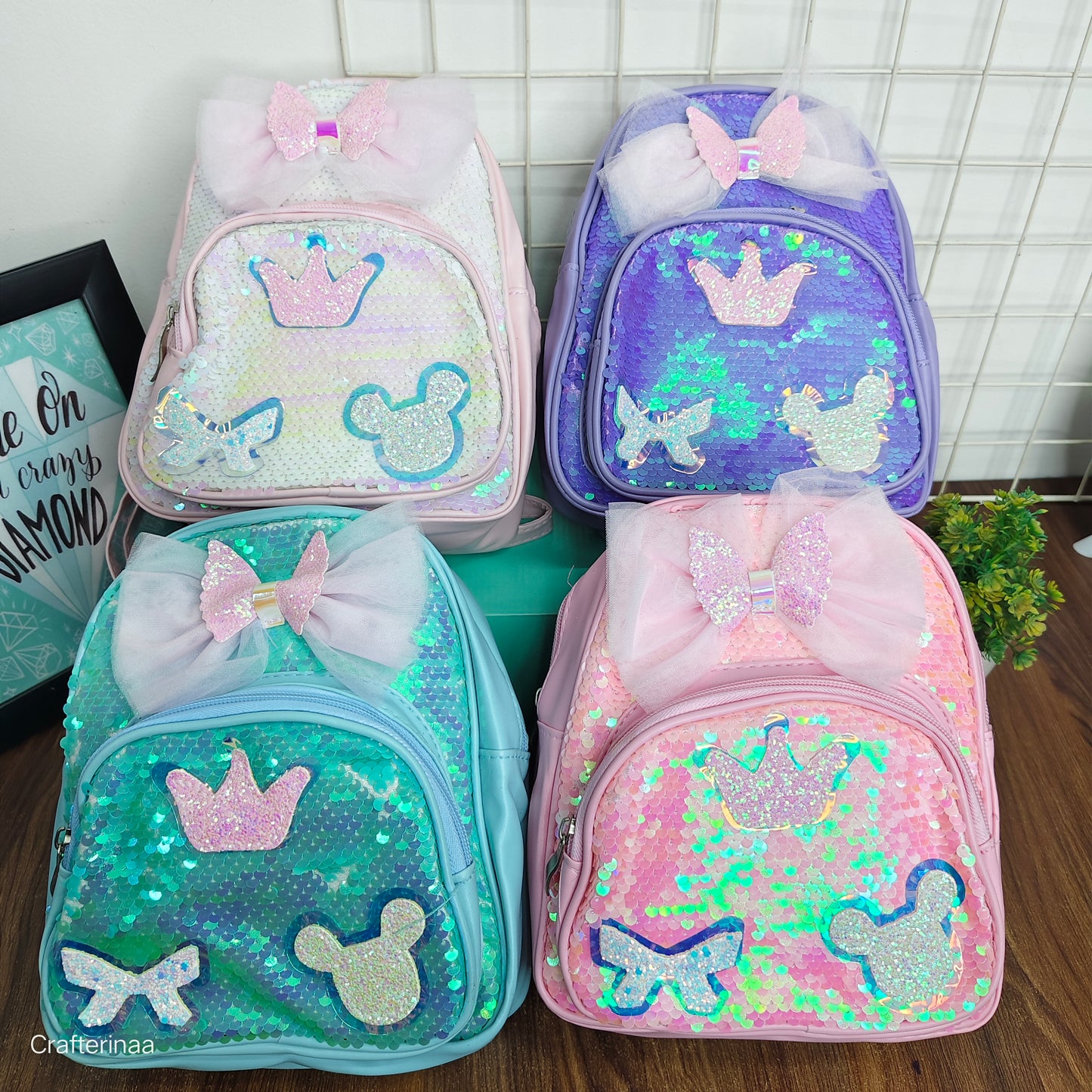 Sequin Crown & Butterfly Backpack for Girls – Sparkly Bow Design – Kids School, Picnic & Travel Bag