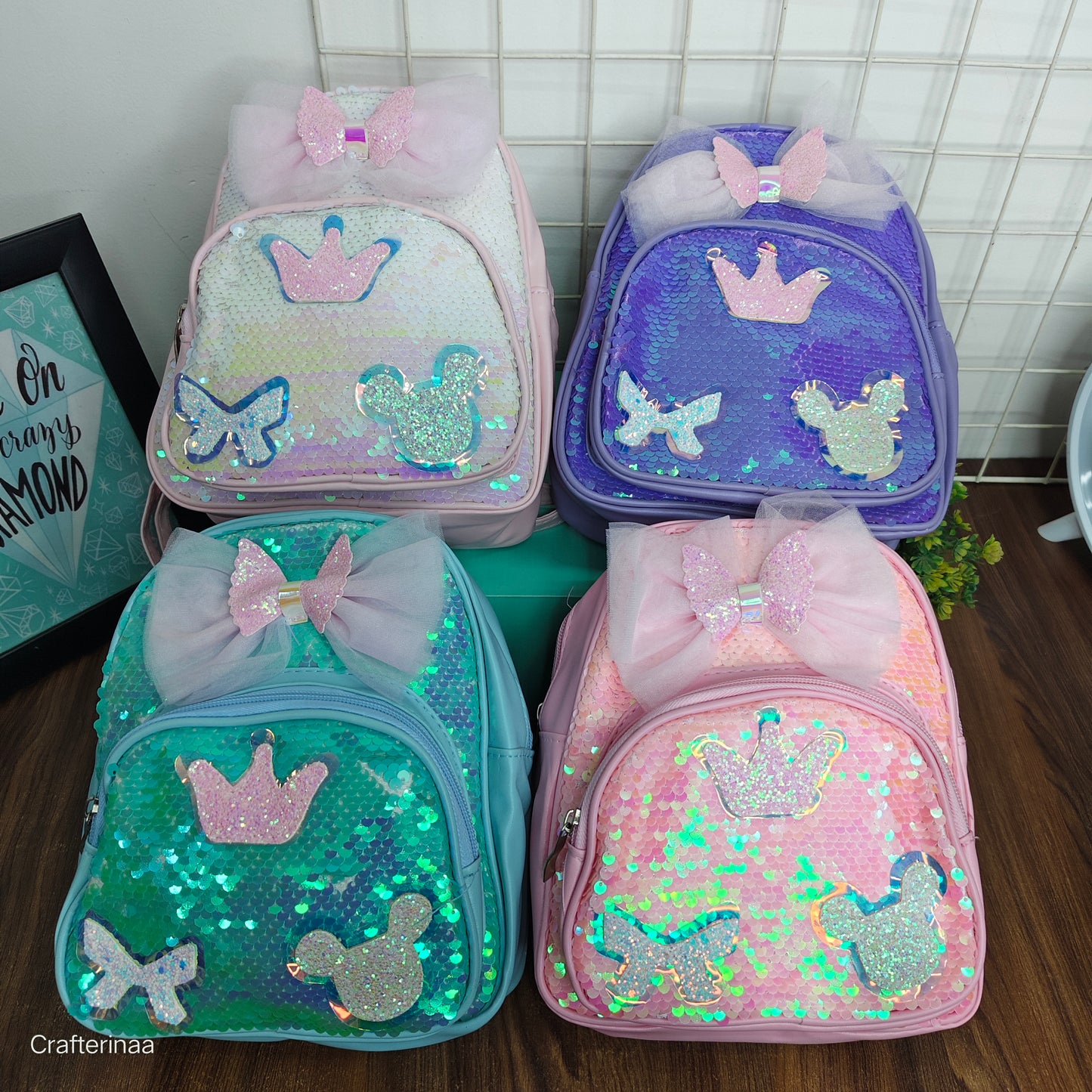 Sequin Crown & Butterfly Backpack for Girls – Sparkly Bow Design – Kids School, Picnic & Travel Bag