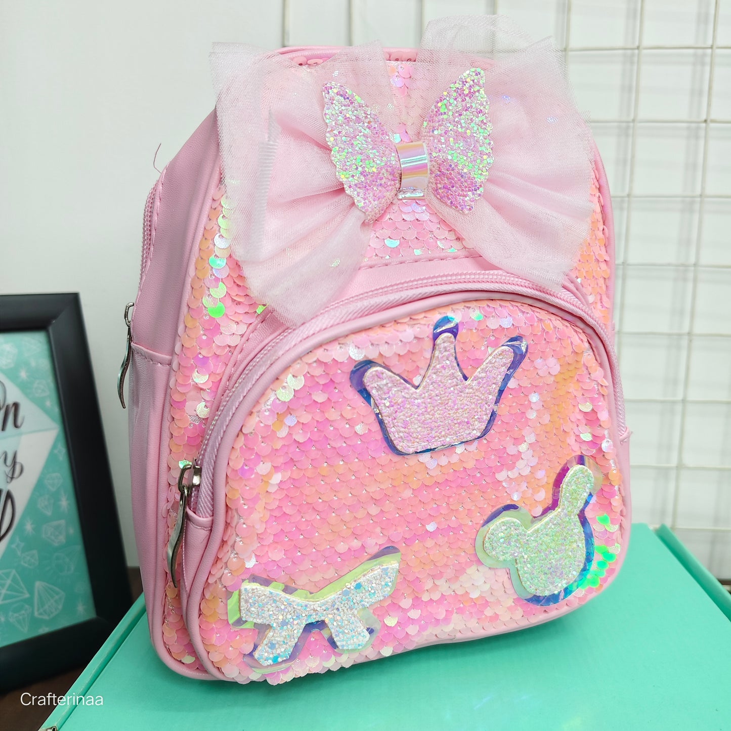 Sequin Crown & Butterfly Backpack for Girls – Sparkly Bow Design – Kids School, Picnic & Travel Bag