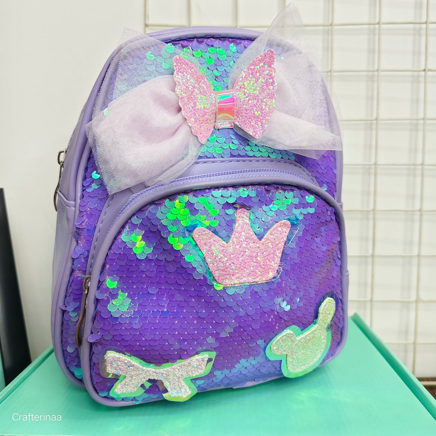 Sequin Crown & Butterfly Backpack for Girls – Sparkly Bow Design – Kids School, Picnic & Travel Bag