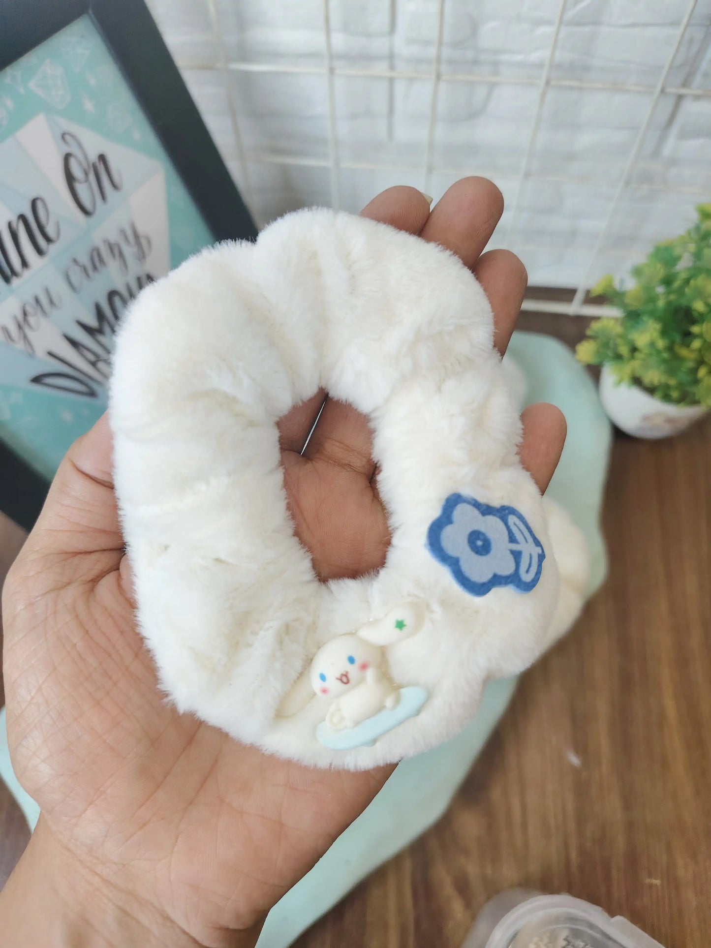 Kawaii white fur hair scrunchy