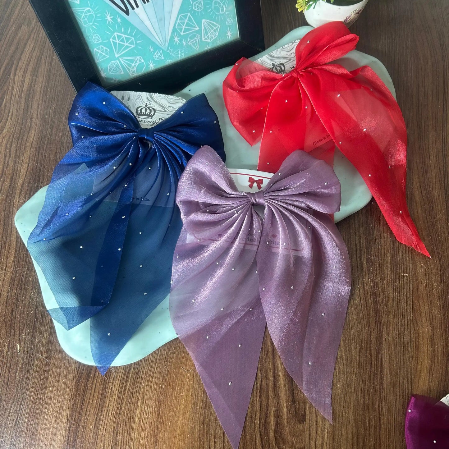 Big Tissue Bow Hair Clips for Girls & Women | Shimmer Long Tail Party Wear Hair Accessories