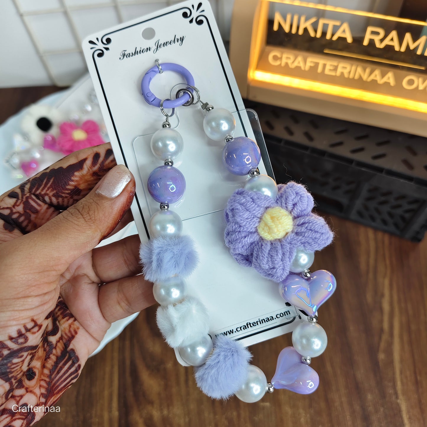 Colorful Beaded Keychain with Crochet Flower – Aesthetic Bag Charm for Girls