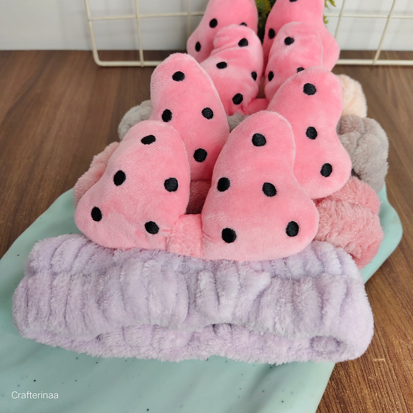 “Cute Polka Bow Hairband – Soft Plush Makeup & Skincare Headband”