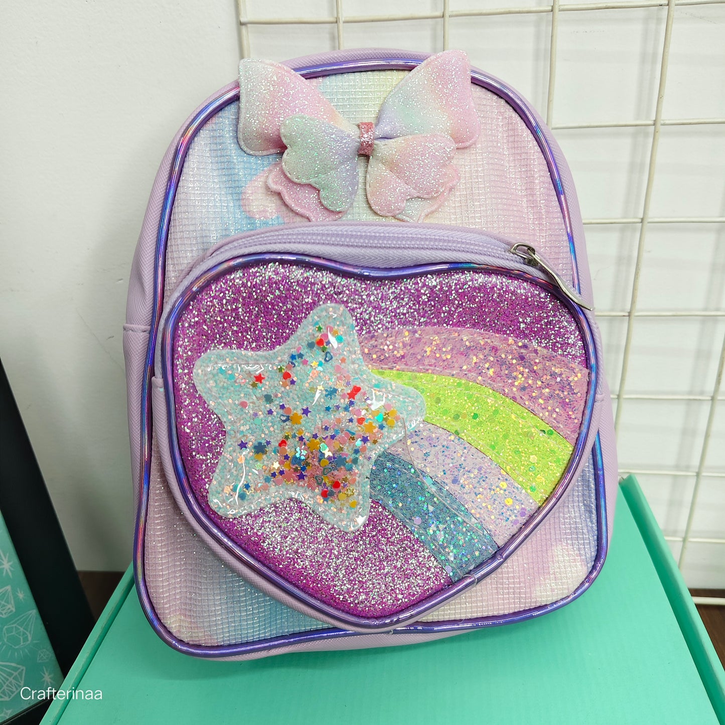 Glitter Heart Front Rainbow Backpack – School Bag for Girls