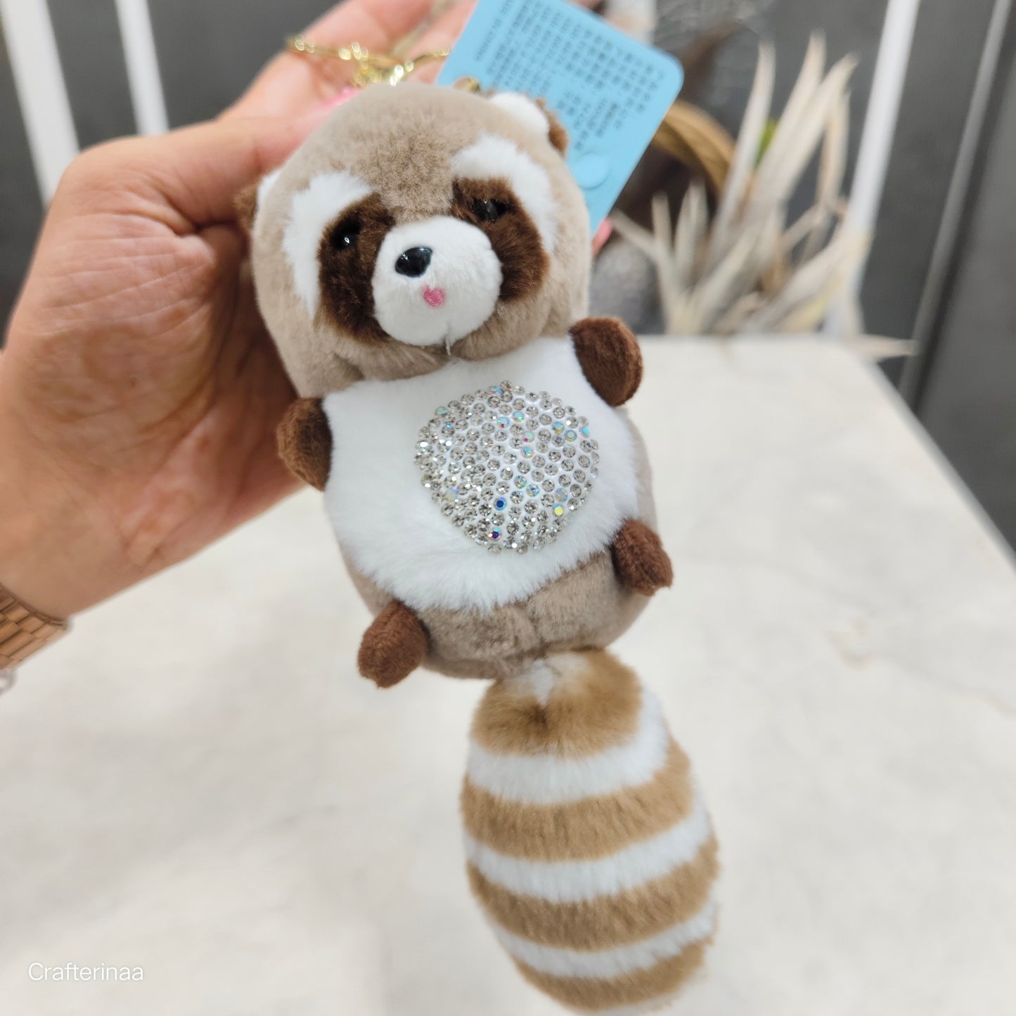 Plush Raccoon Keychain – Cute Soft Toy with Crystal Rhinestone Belly scented soft toy keychain