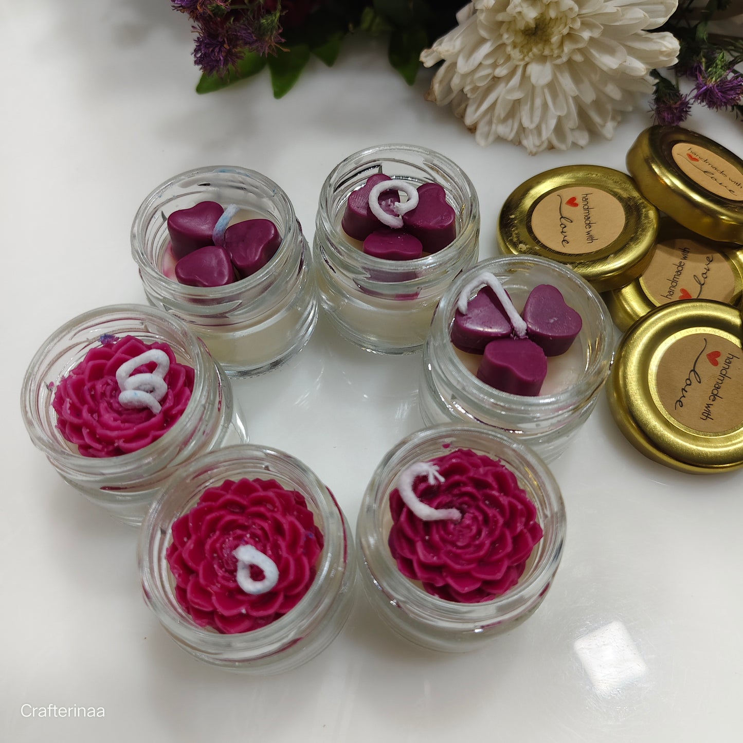 Luxury Mini Jar scented Candles – Handcrafted with Floral and Heart Wax Embeds| 50 ml Jar