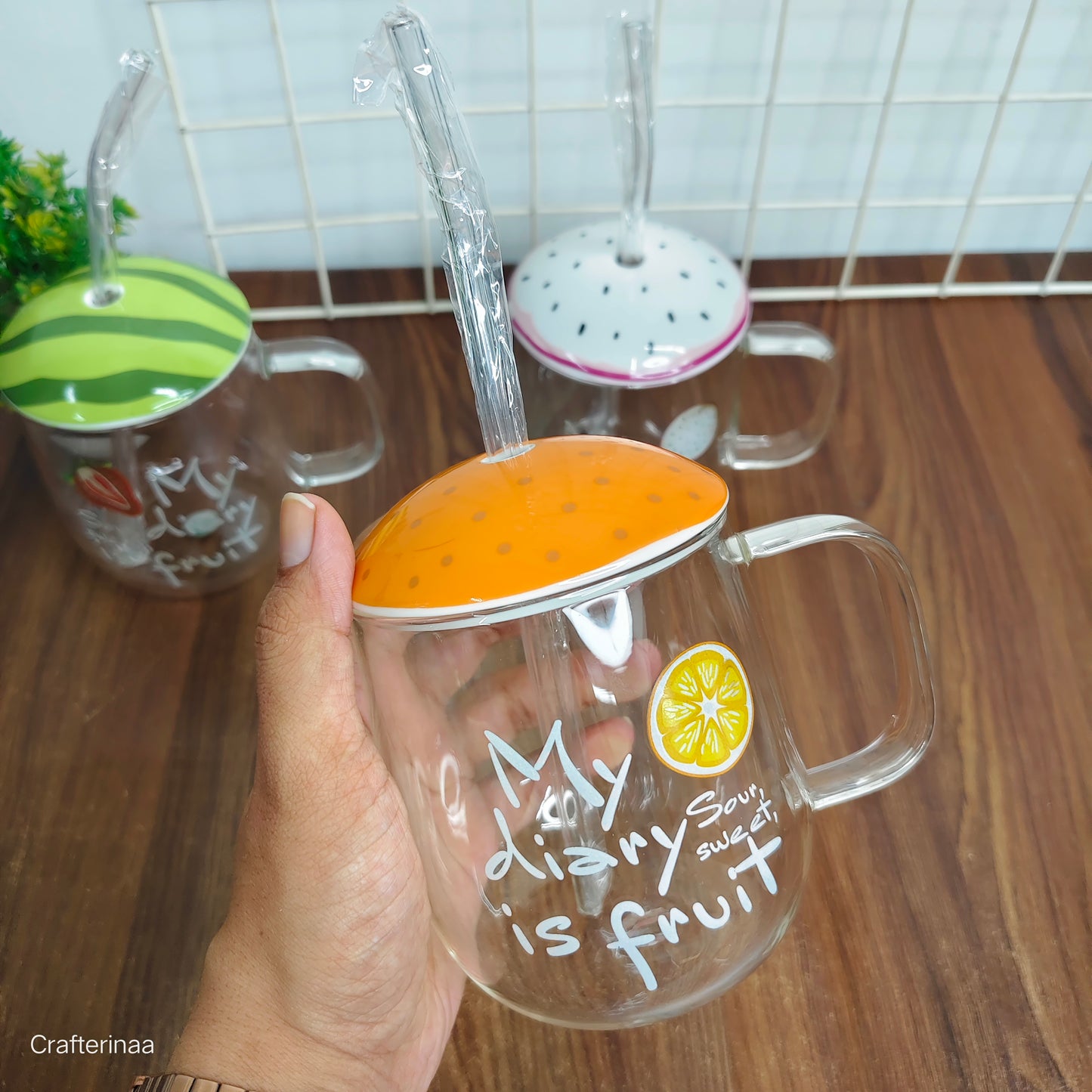Fruit Design Glass Mug with Lid & Straw – Cute Water, Coffee & Juice Cup