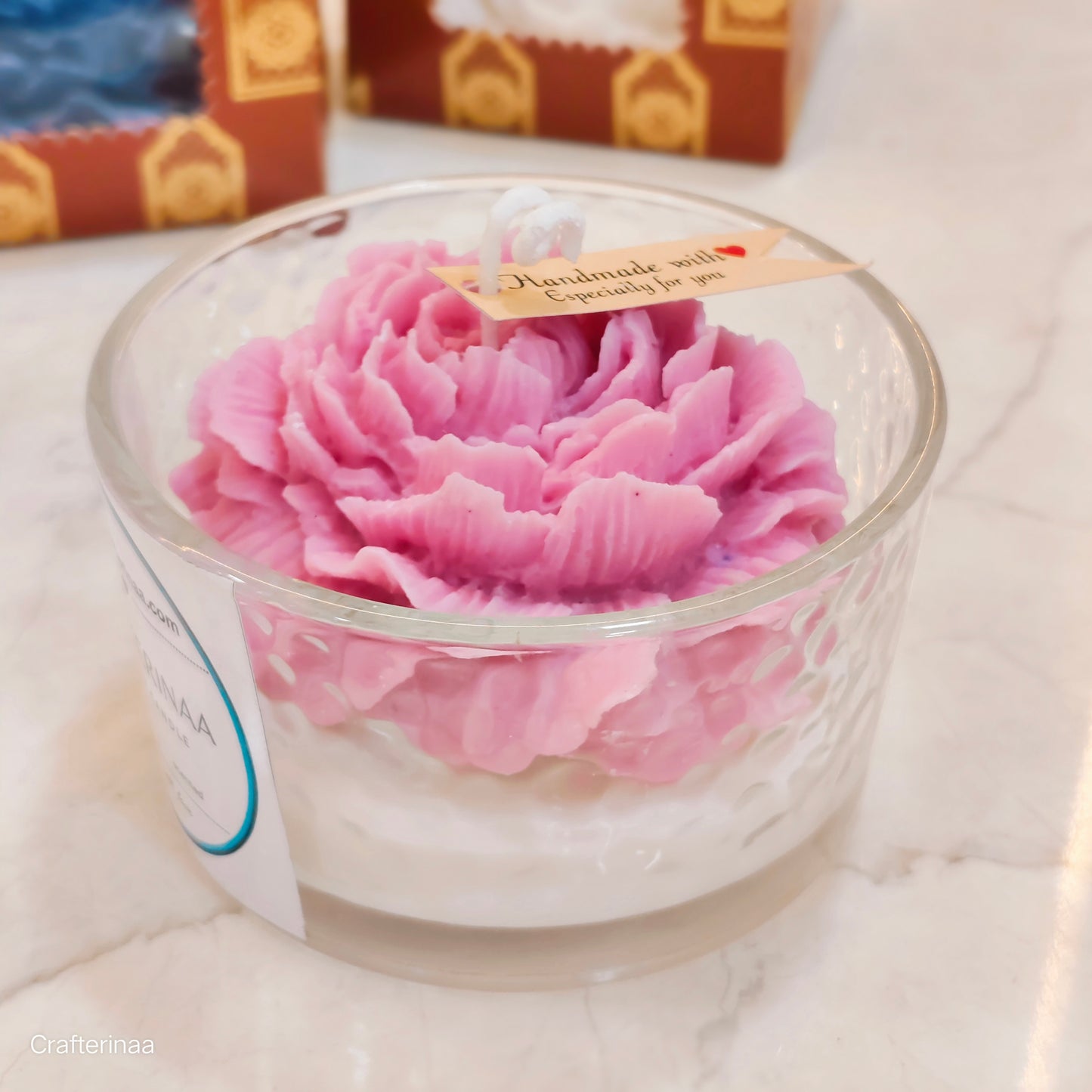 Handmade Peony Flower with vanilla sented Soy Wax Candle in Glass Jar – Decorative & Gift Candle
