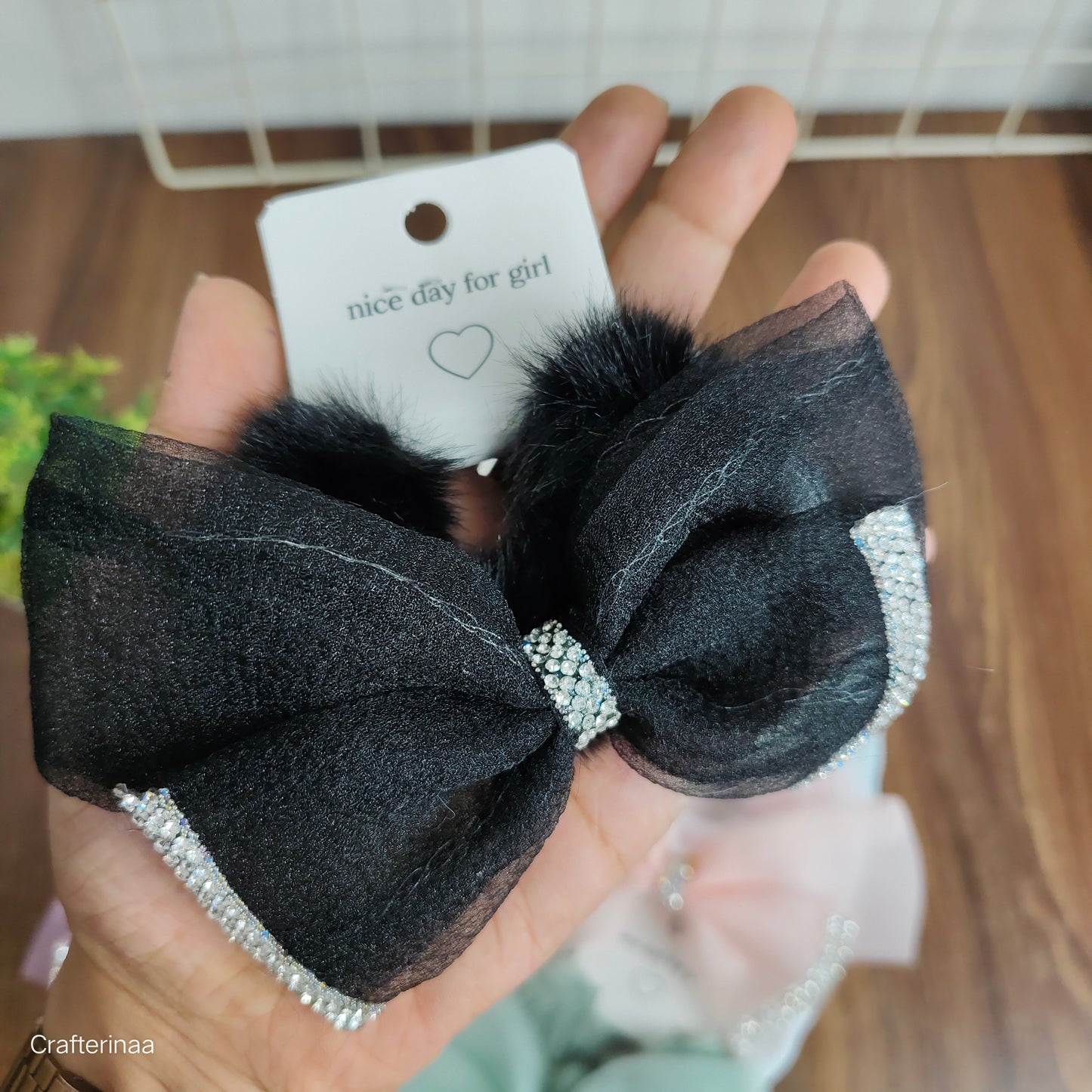 Luxury Fur Bow Hair Clips with Rhinestones|Furry Glitter Bow Hair Clip|