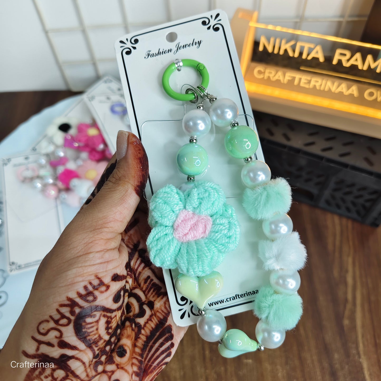 Colorful Beaded Keychain with Crochet Flower – Aesthetic Bag Charm for Girls