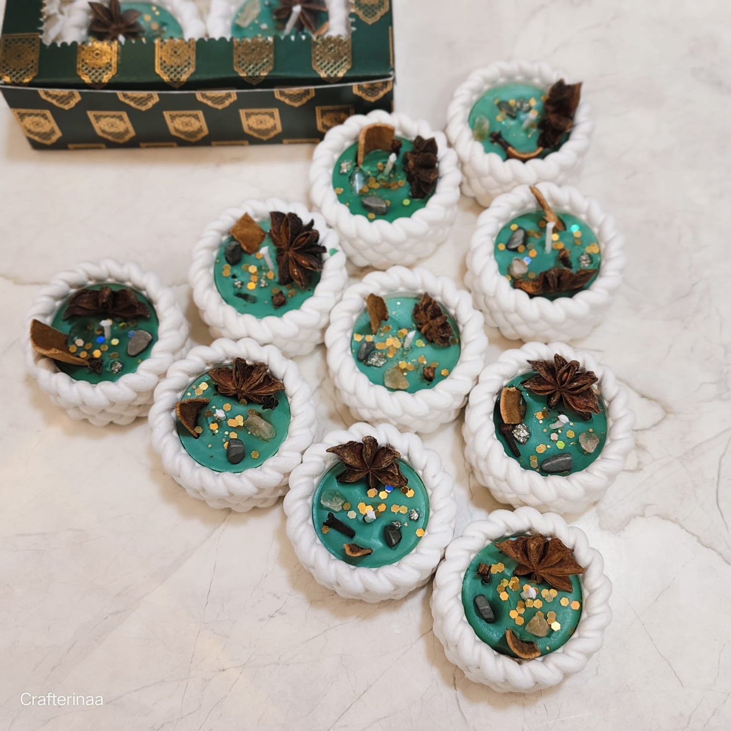 Money manifestation candle|Eco Soy Wax Diya – Green Scented Candle with Natural Herbs & stones (2 candles set)