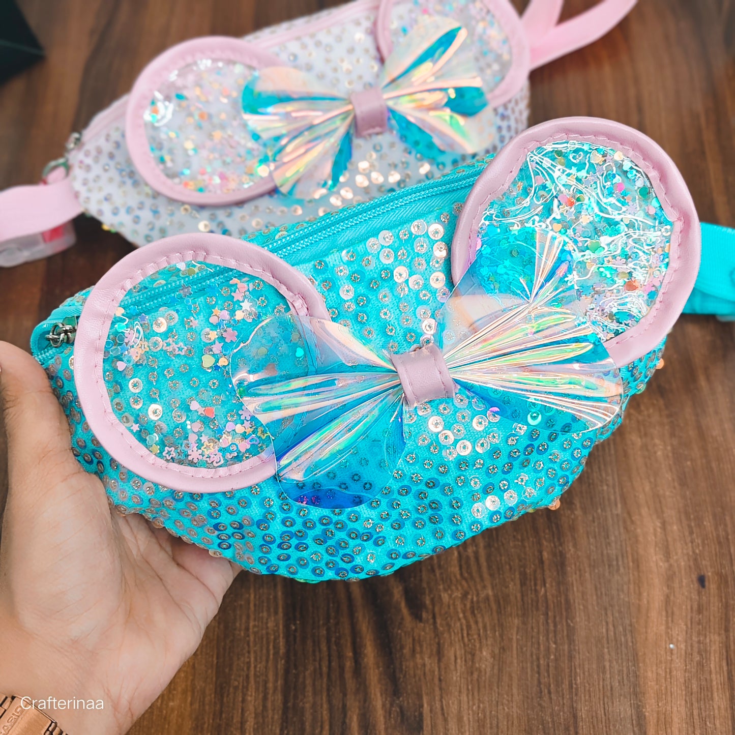 Girls’ Holographic Bow Waist Bag with Sparkle Ears – Adjustable belt