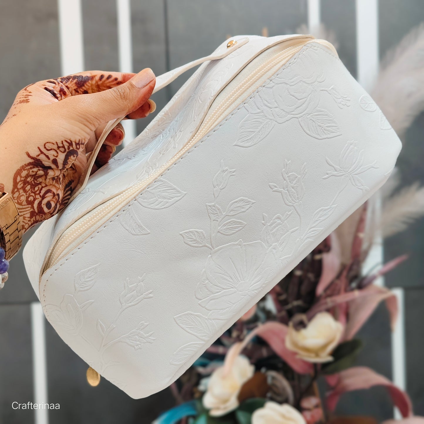 Elegant Leather Finish Embossed Pouch – Cosmetic, Toiletry & Organizer Bag
