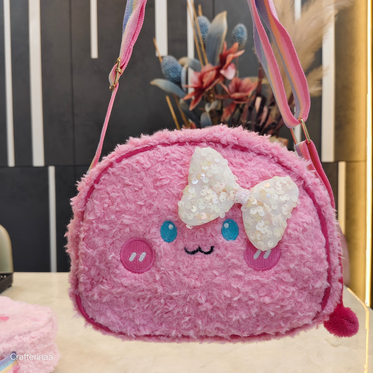 Soft Teddy Sling Bagfor Kids – Soft Furry Cartoon Face Shoulder Bag | Cute Mini Crossbody Bag for Girls”
