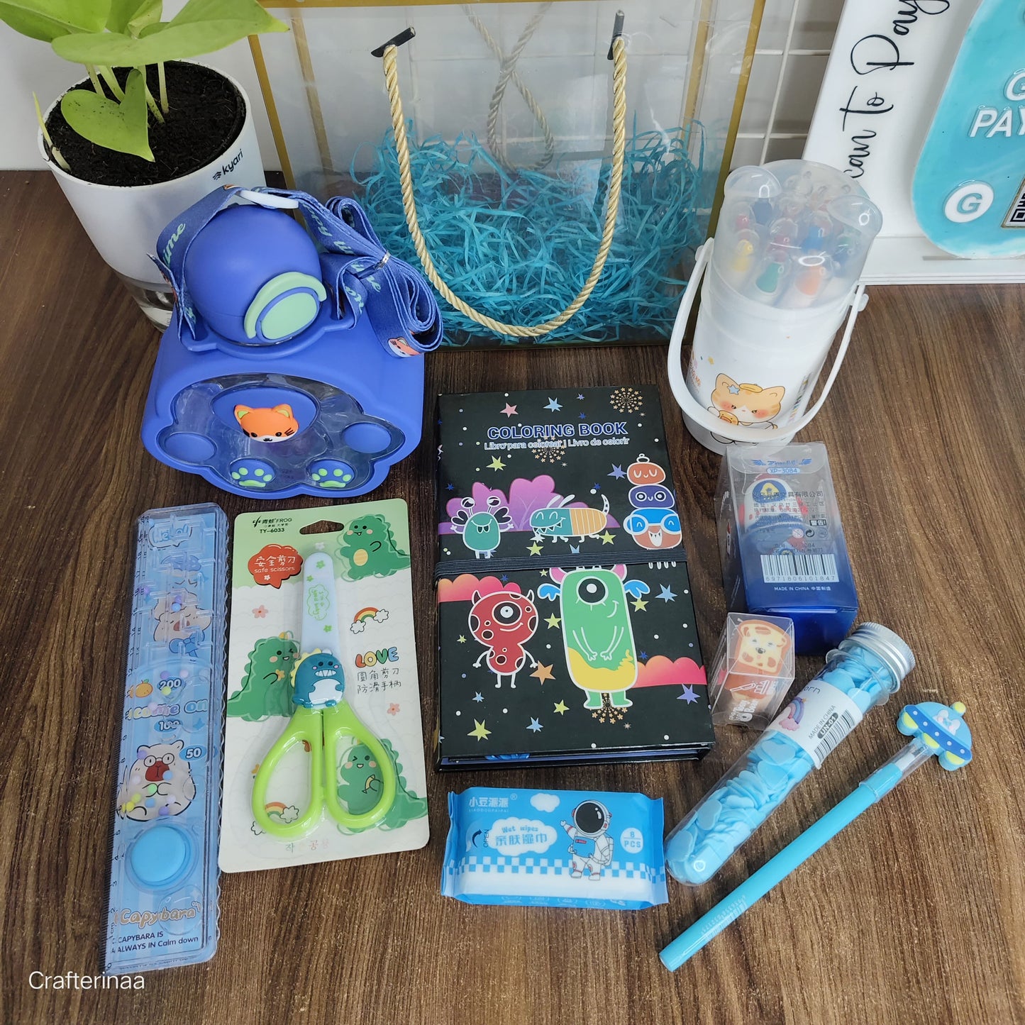 Cute Blue Monster Kids Stationery Gift Set – Coloring Book, Scissors, Pouch & Art Supplies
