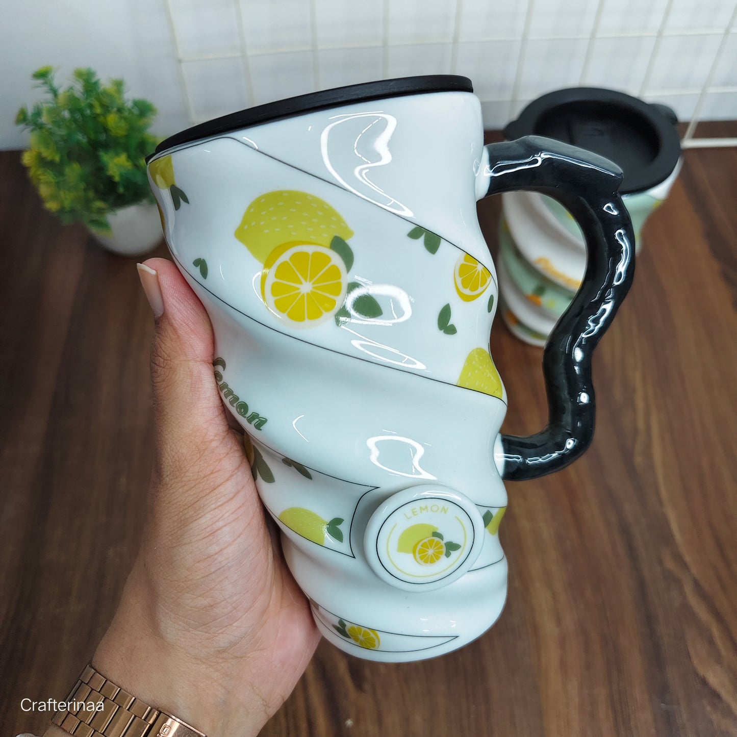 Aesthetic Spiral Handle Mug – Durable Ceramic Cup with Fruit Prints