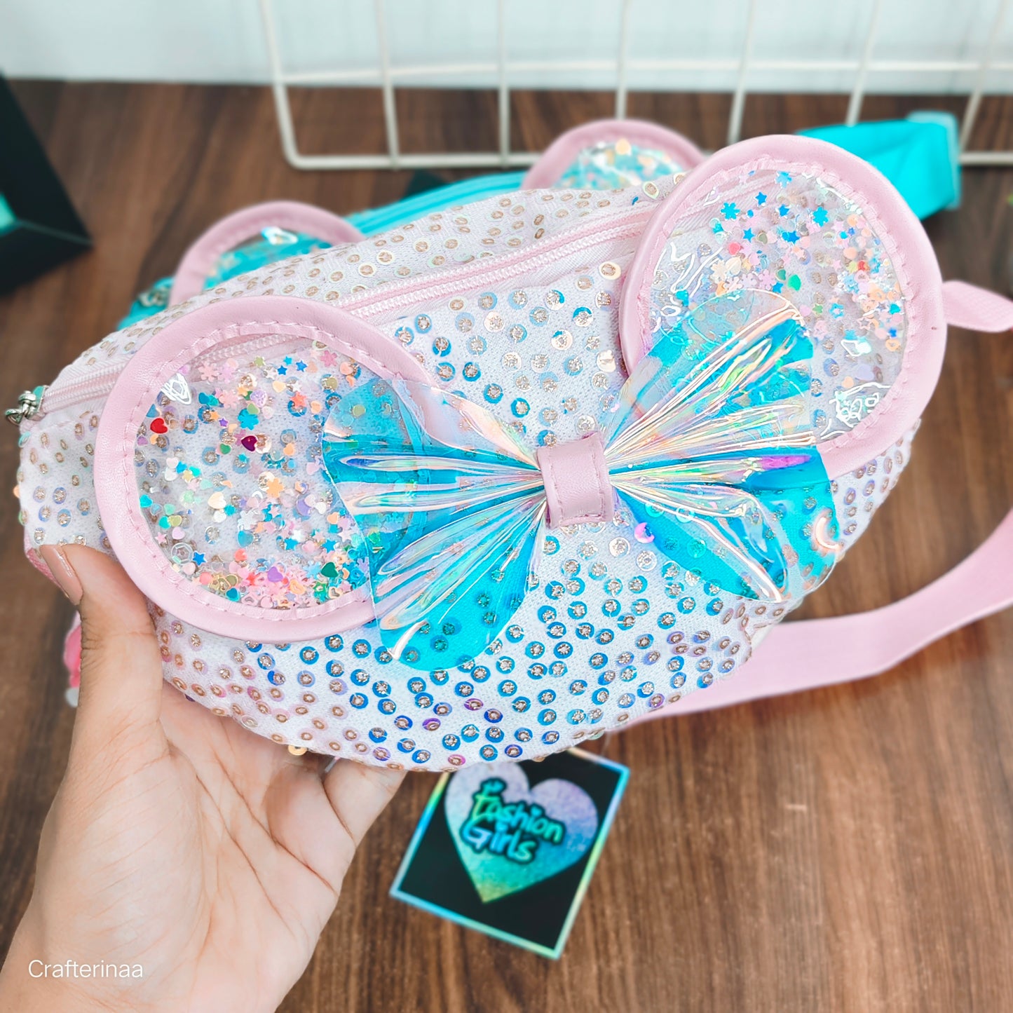 Girls’ Holographic Bow Waist Bag with Sparkle Ears – Adjustable belt