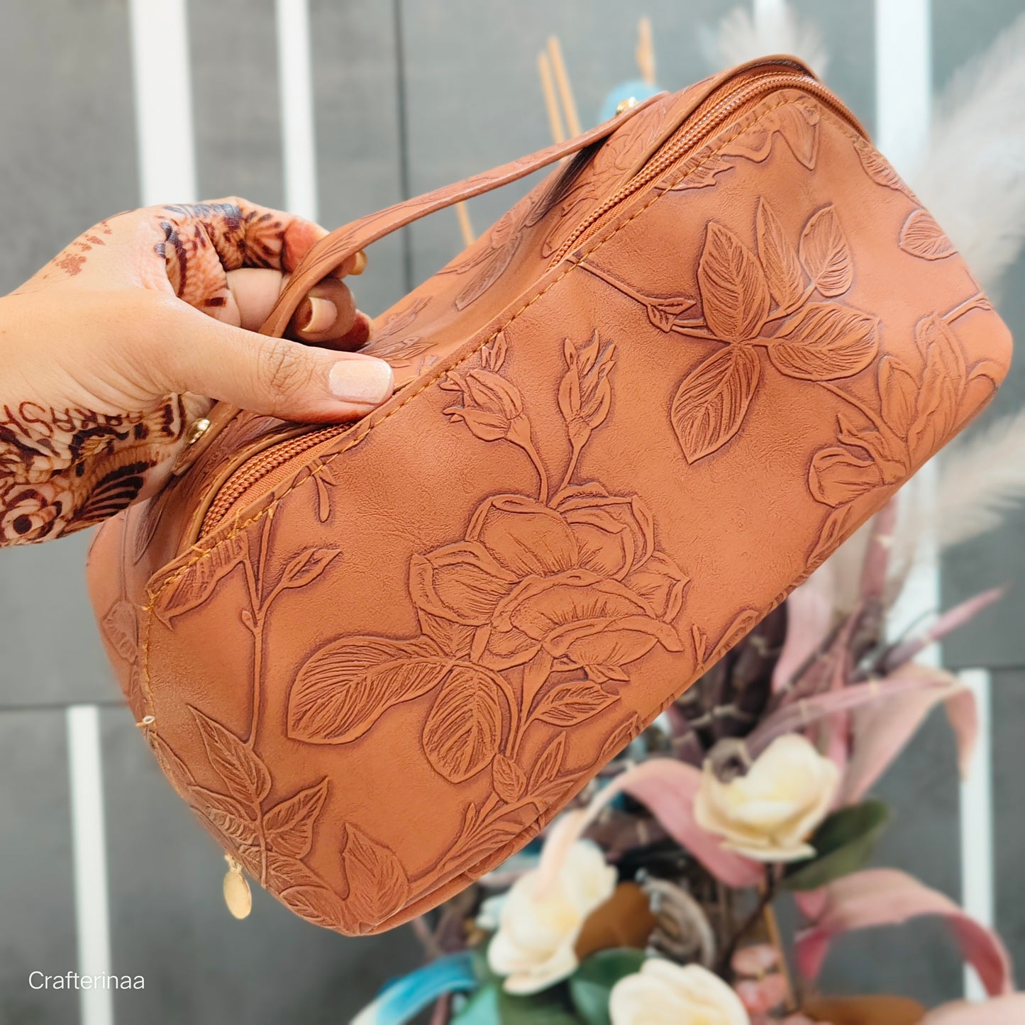 Elegant Leather Finish Embossed Pouch – Cosmetic, Toiletry & Organizer Bag