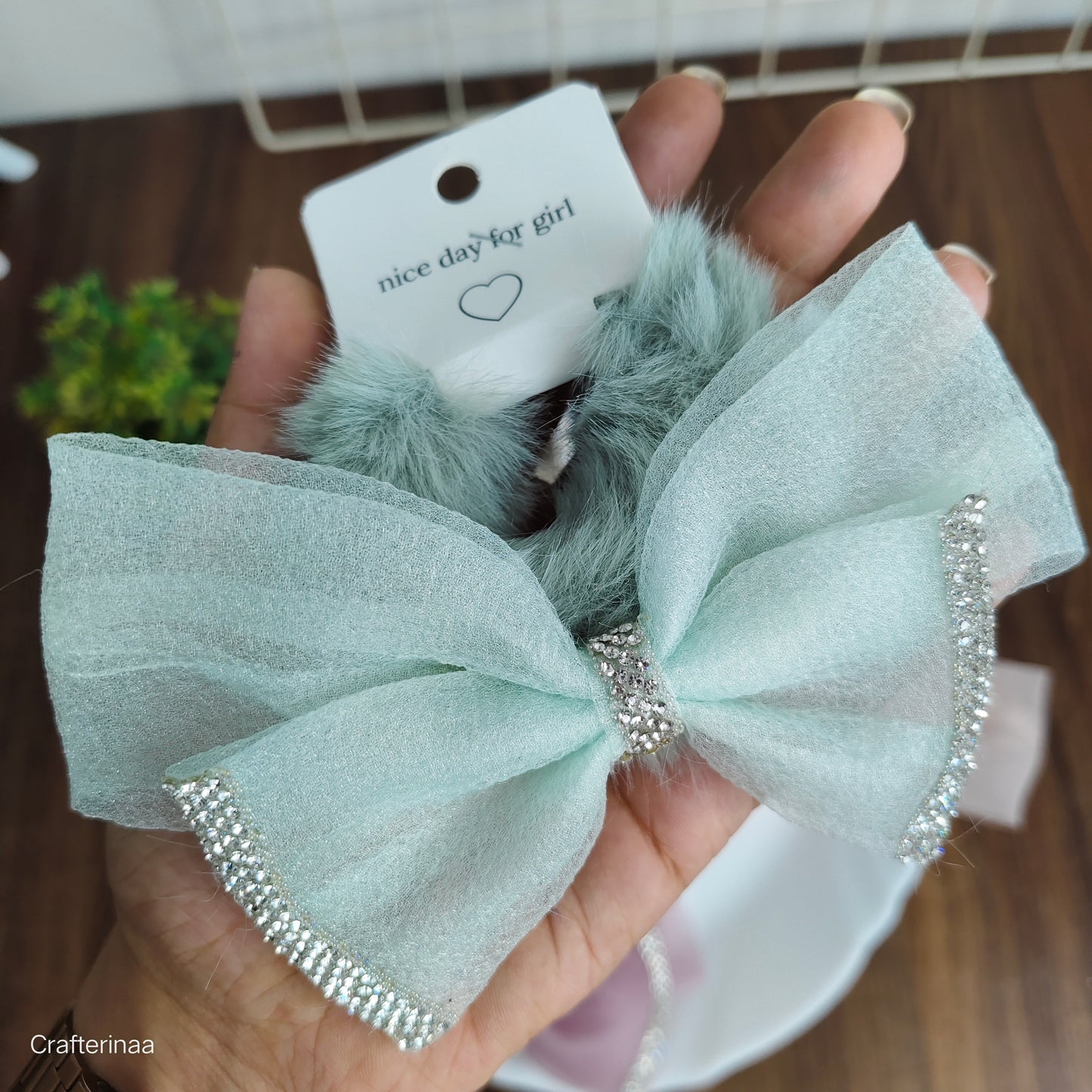 Luxury Fur Bow Hair Clips with Rhinestones|Furry Glitter Bow Hair Clip|