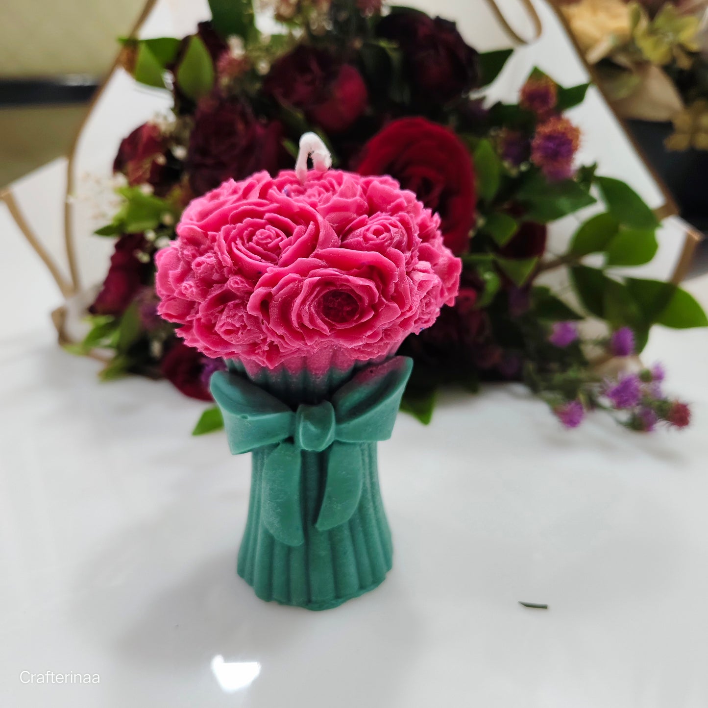 Luxury Flower Bouquet Candle – Pink Roses with Bow Design|Aesthetic Gift for Special Occasions premium Gifting