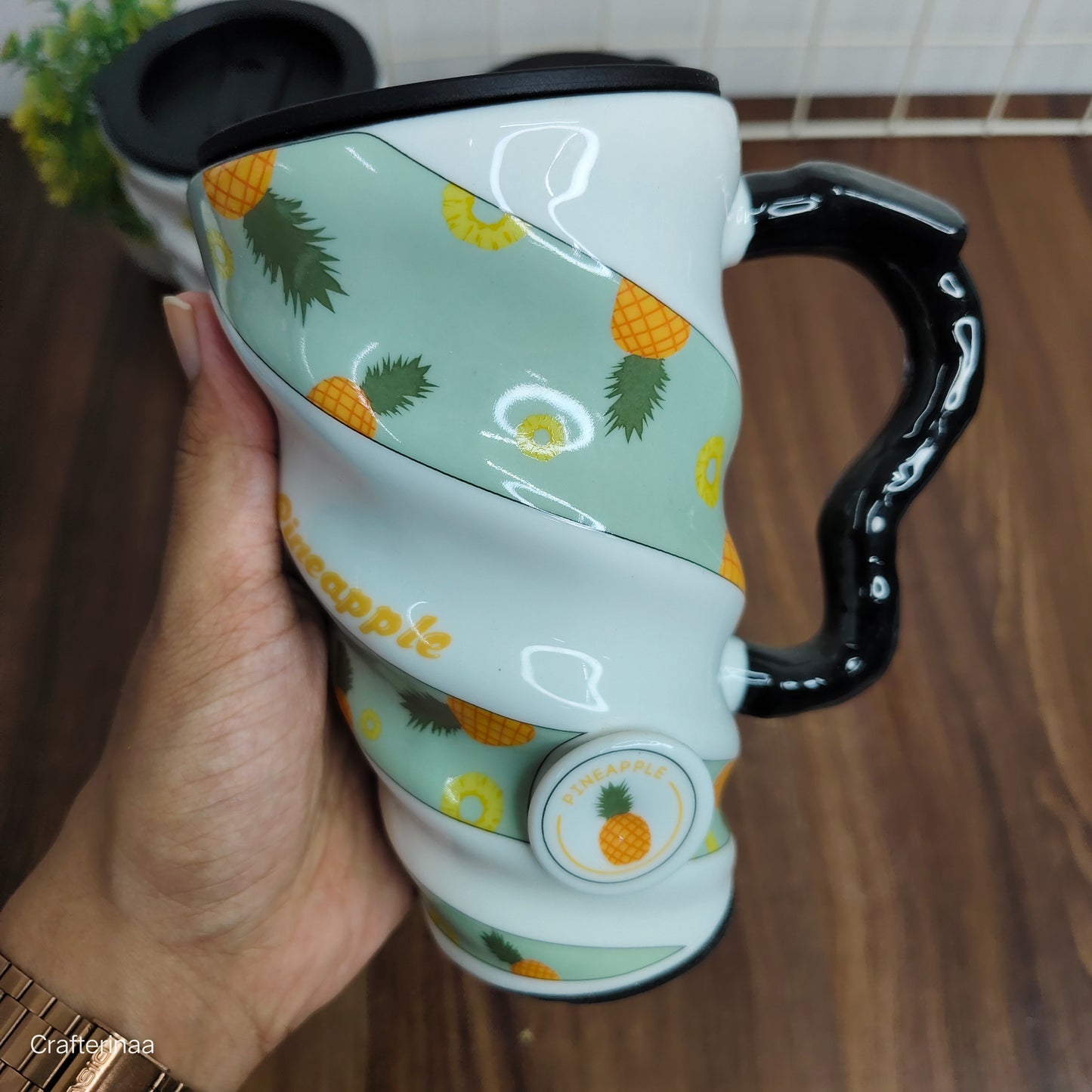 Aesthetic Spiral Handle Mug – Durable Ceramic Cup with Fruit Prints