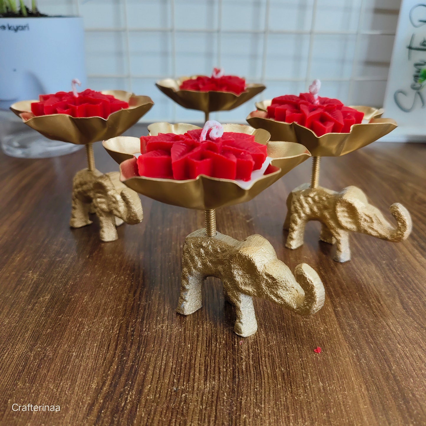 Premium Golden Petal Stand Candle with Red Floral Design|(Set of 2)