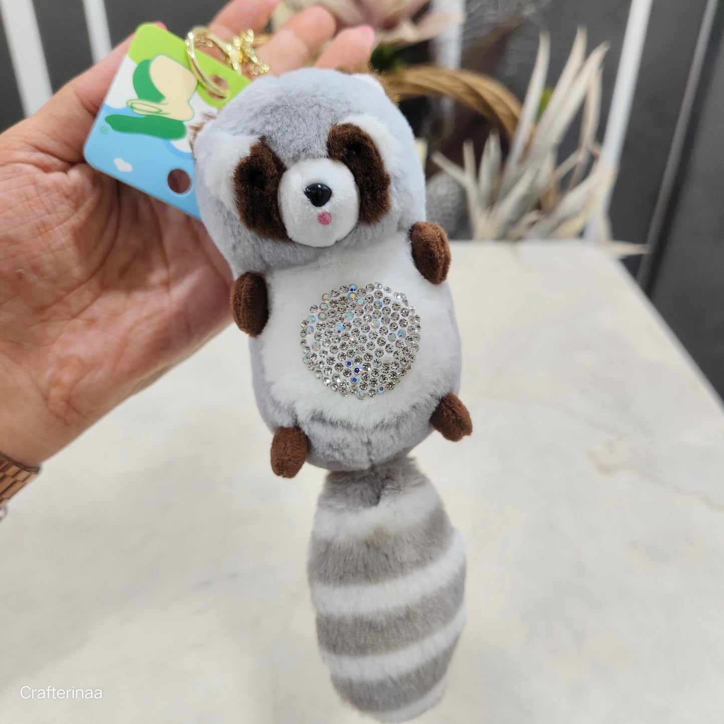 Plush Raccoon Keychain – Cute Soft Toy with Crystal Rhinestone Belly scented soft toy keychain