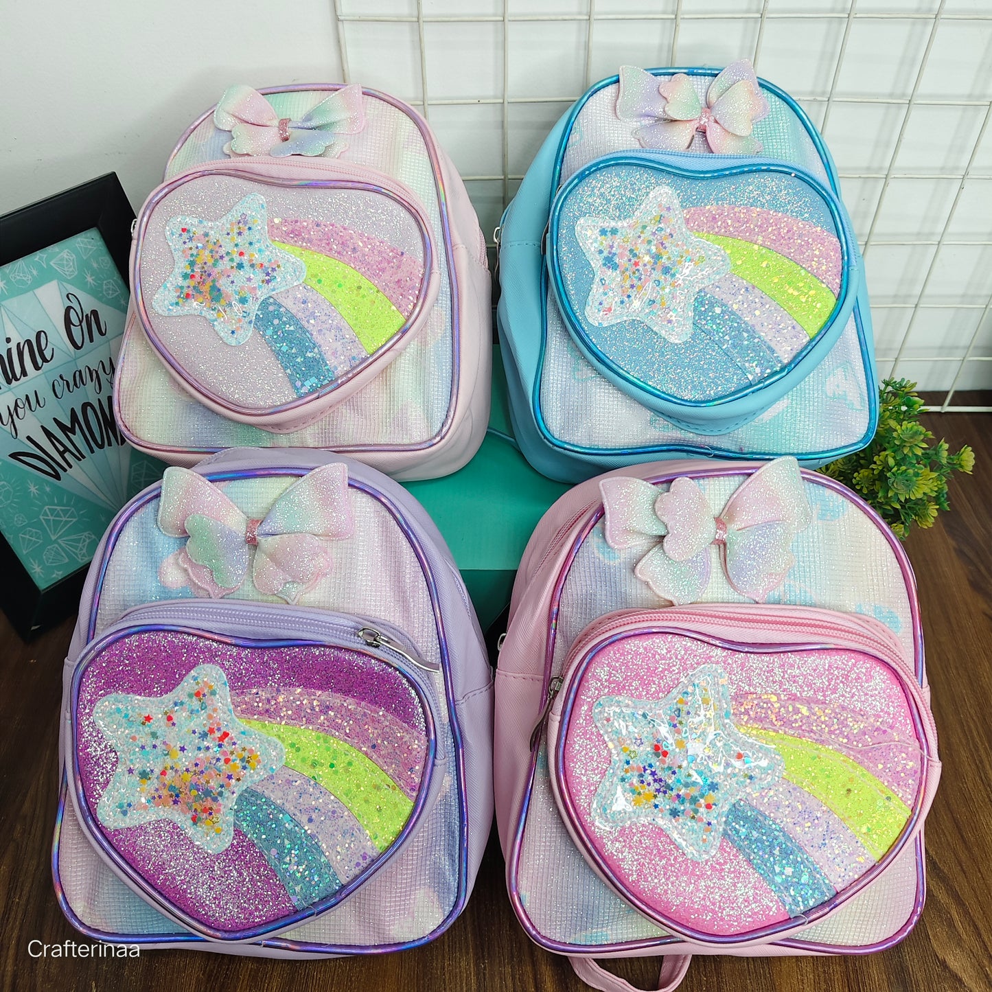 Glitter Heart Front Rainbow Backpack – School Bag for Girls