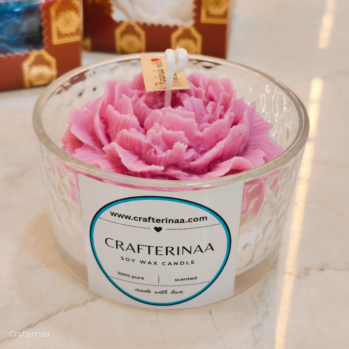 Handmade Peony Flower with vanilla sented Soy Wax Candle in Glass Jar – Decorative & Gift Candle