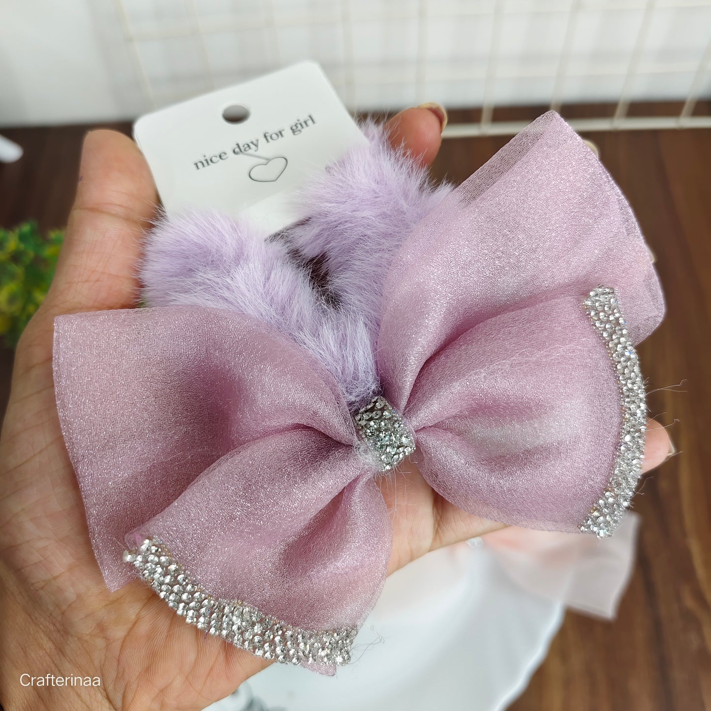 Luxury Fur Bow Hair Clips with Rhinestones|Furry Glitter Bow Hair Clip|