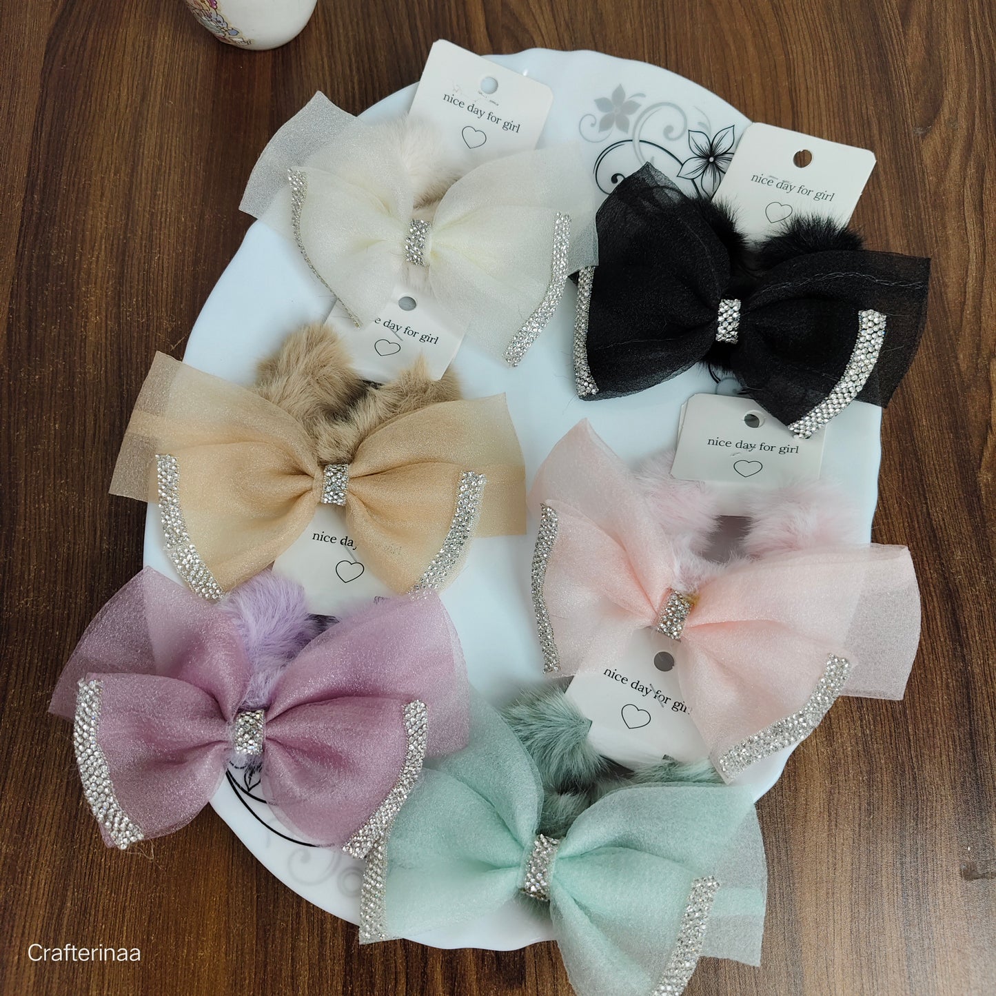Luxury Fur Bow Hair Clips with Rhinestones|Furry Glitter Bow Hair Clip|