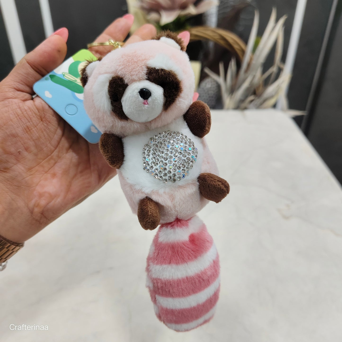 Plush Raccoon Keychain – Cute Soft Toy with Crystal Rhinestone Belly scented soft toy keychain