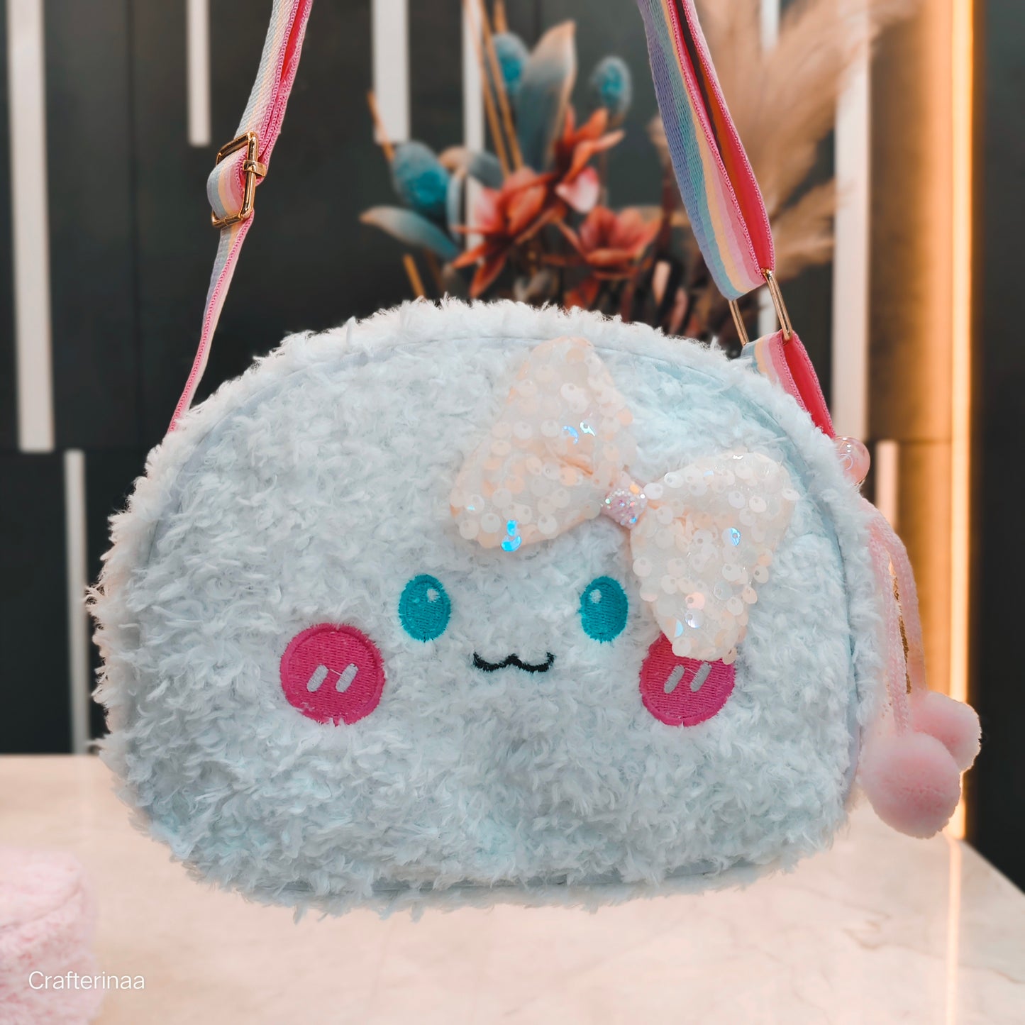 Soft Teddy Sling Bagfor Kids – Soft Furry Cartoon Face Shoulder Bag | Cute Mini Crossbody Bag for Girls”