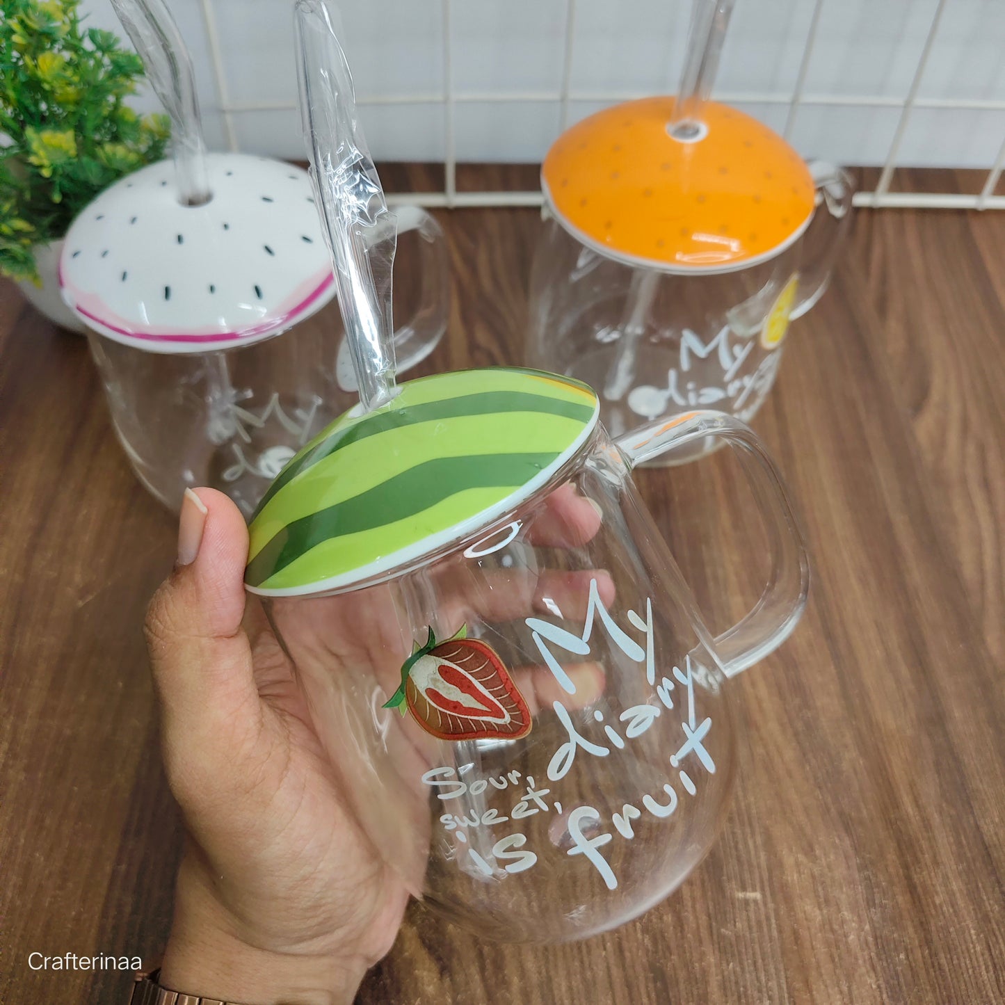 Fruit Design Glass Mug with Lid & Straw – Cute Water, Coffee & Juice Cup