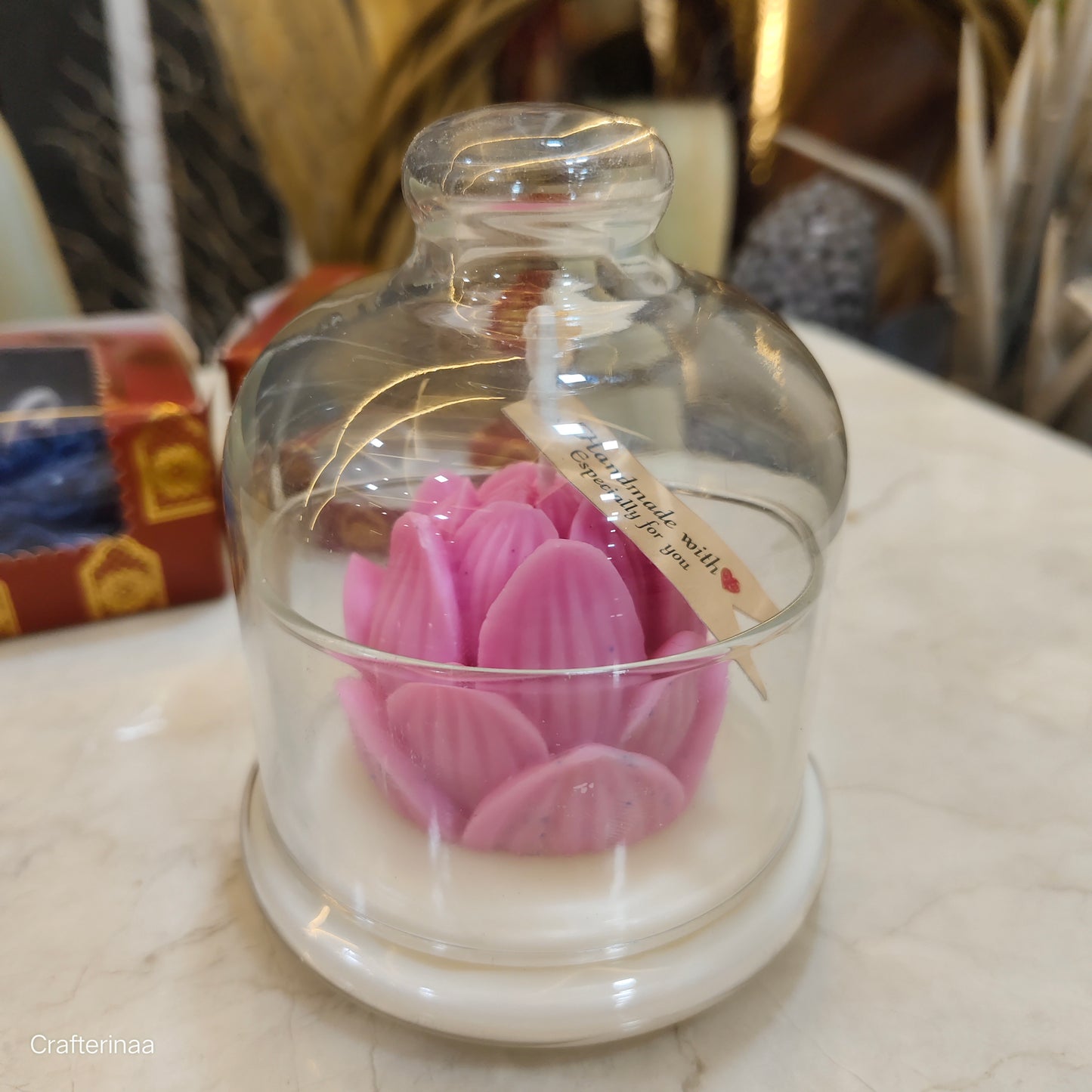 “Handmade Lotus Candle in Glass Cloche with the vanilla scented – Luxury Home Decoration”