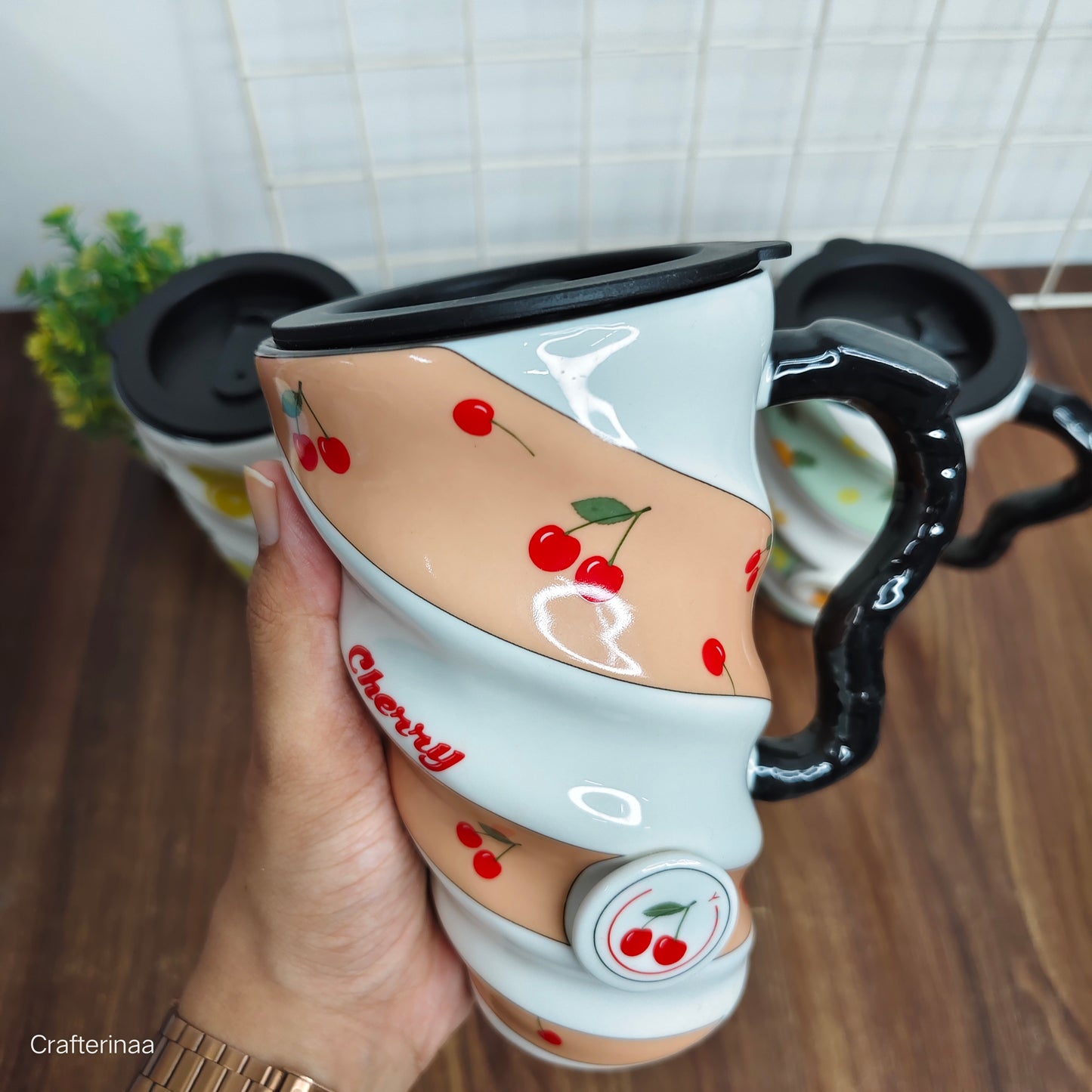 Aesthetic Spiral Handle Mug – Durable Ceramic Cup with Fruit Prints