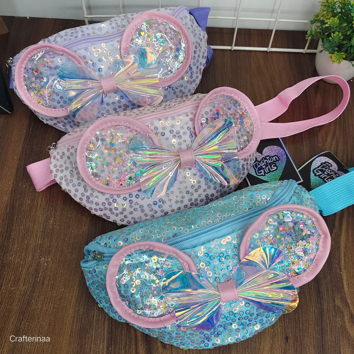 Girls’ Holographic Bow Waist Bag with Sparkle Ears – Adjustable belt