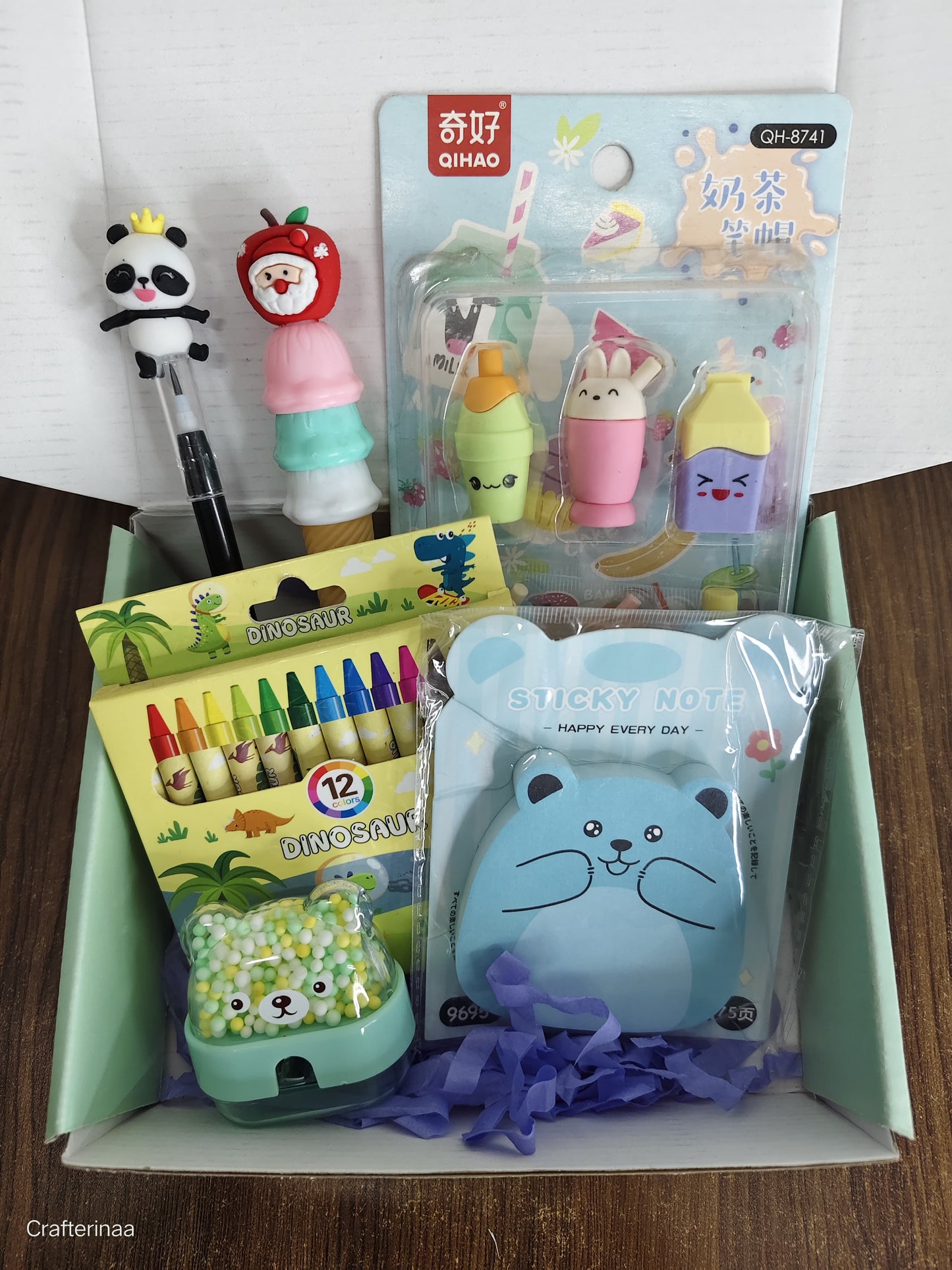 Cute Kids Mini Stationery Gift Hamper | Cartoon Pen, Crayons, Sticky Notes & Eraser Set