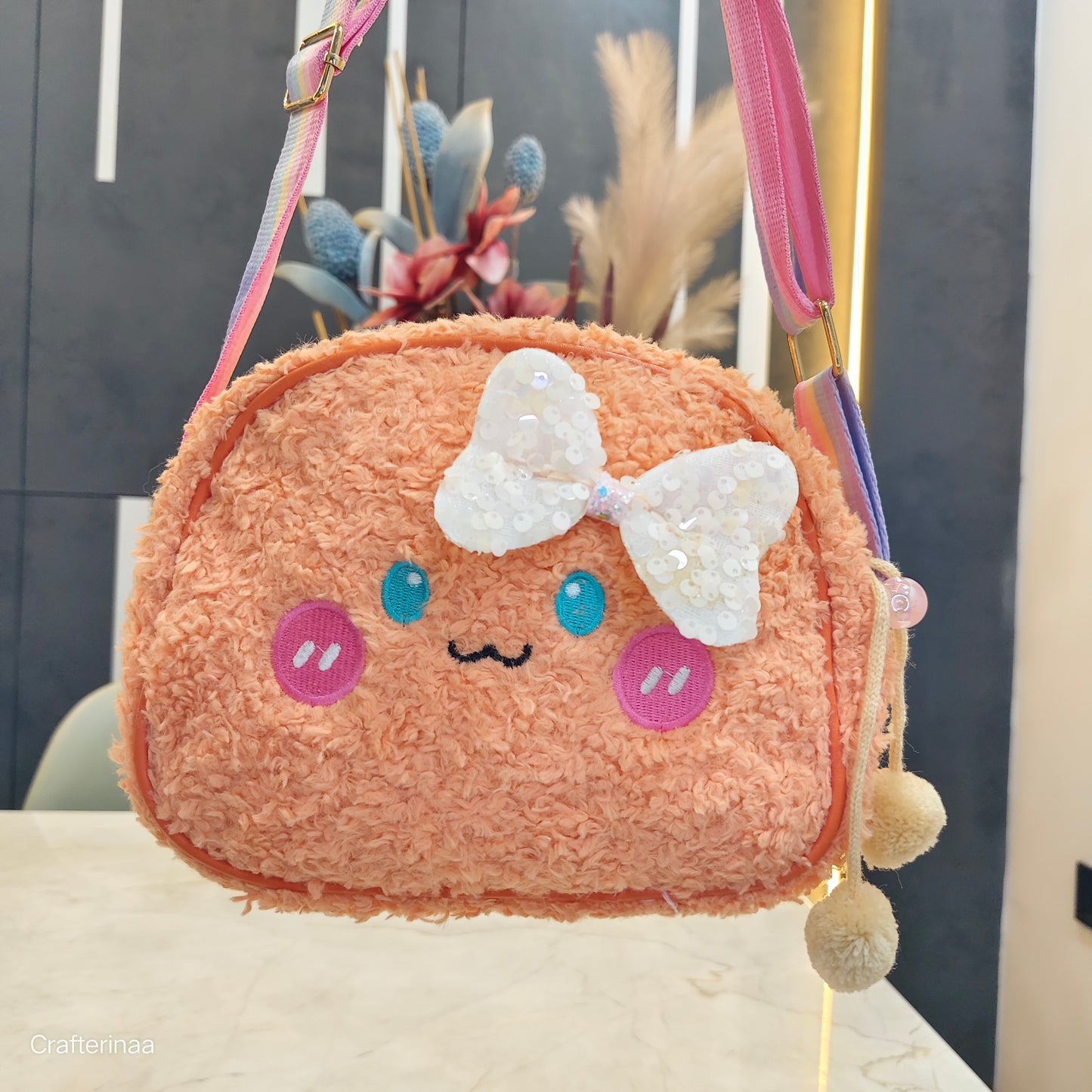Soft Teddy Sling Bagfor Kids – Soft Furry Cartoon Face Shoulder Bag | Cute Mini Crossbody Bag for Girls”