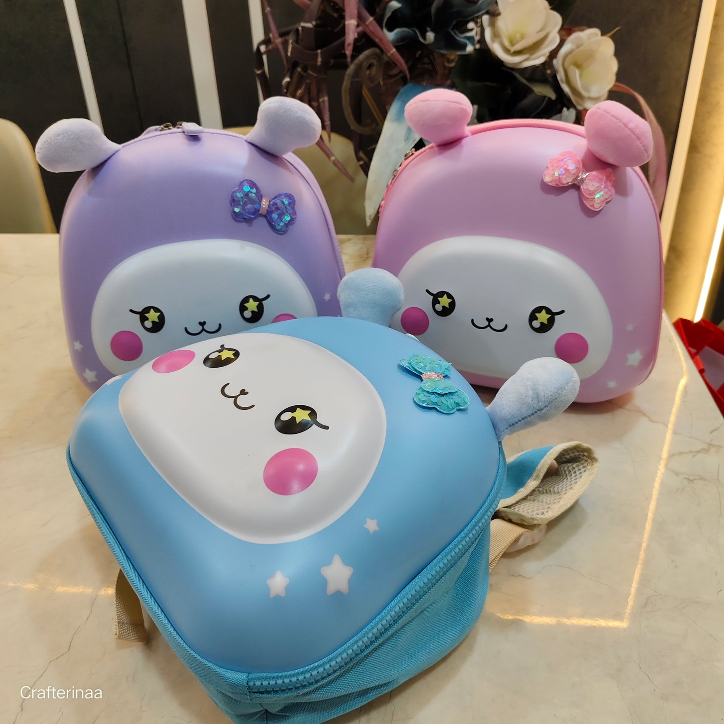 "Cute 3D Bunny Backpack for Kids – Cartoon Hard Shell Bag with Ears & Bow Details"
