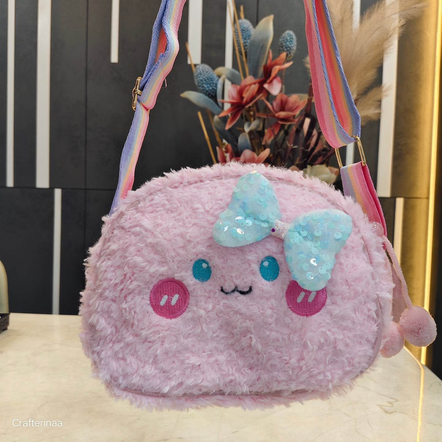 Soft Teddy Sling Bagfor Kids – Soft Furry Cartoon Face Shoulder Bag | Cute Mini Crossbody Bag for Girls”