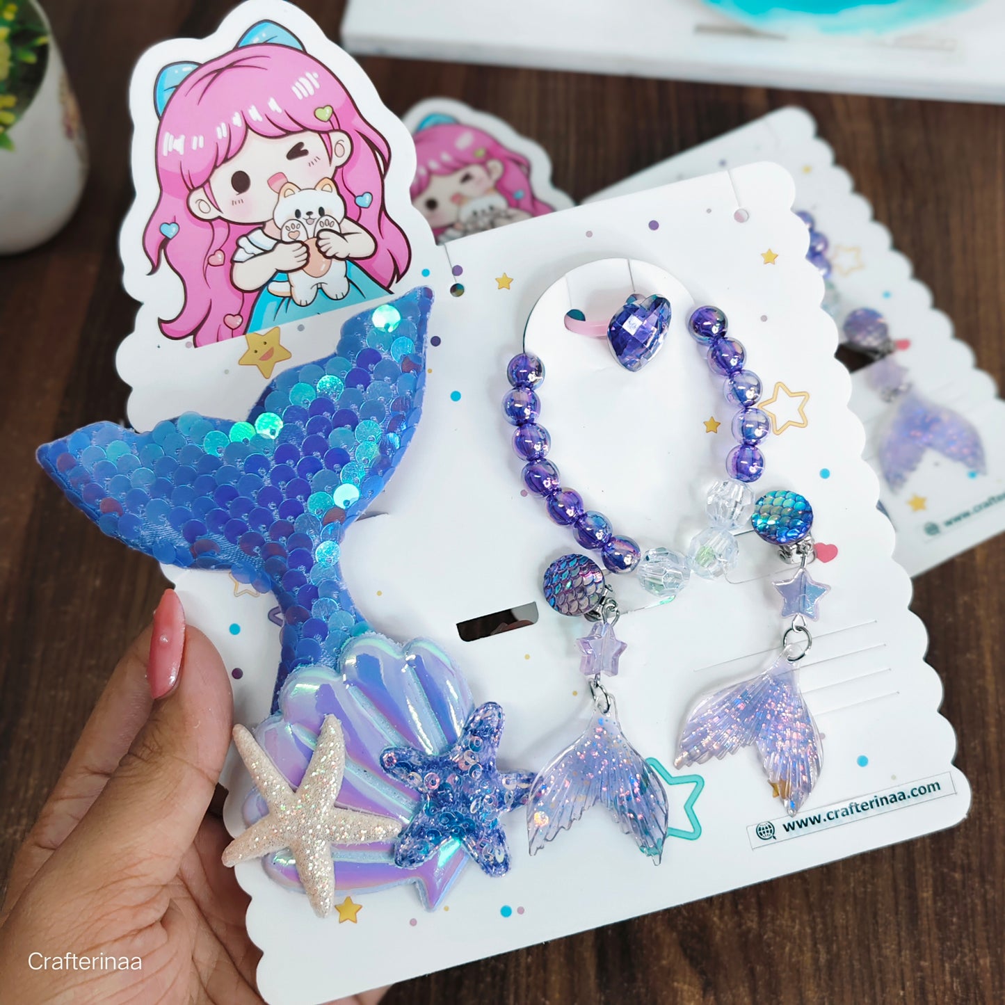 Ocean Theme Hair Clips & Bracelet Set – Mermaid Tail, Shell & Starfish Design
