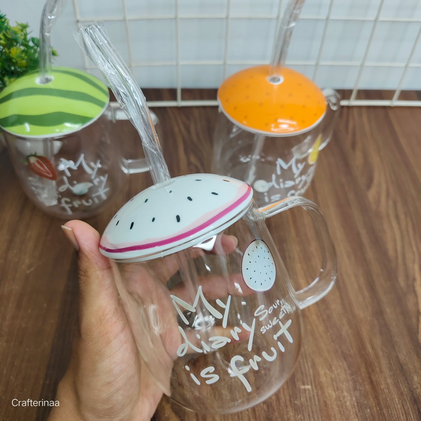 Fruit Design Glass Mug with Lid & Straw – Cute Water, Coffee & Juice Cup