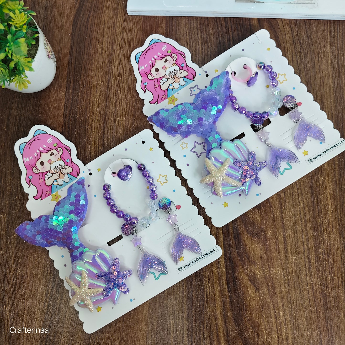 Ocean Theme Hair Clips & Bracelet Set – Mermaid Tail, Shell & Starfish Design