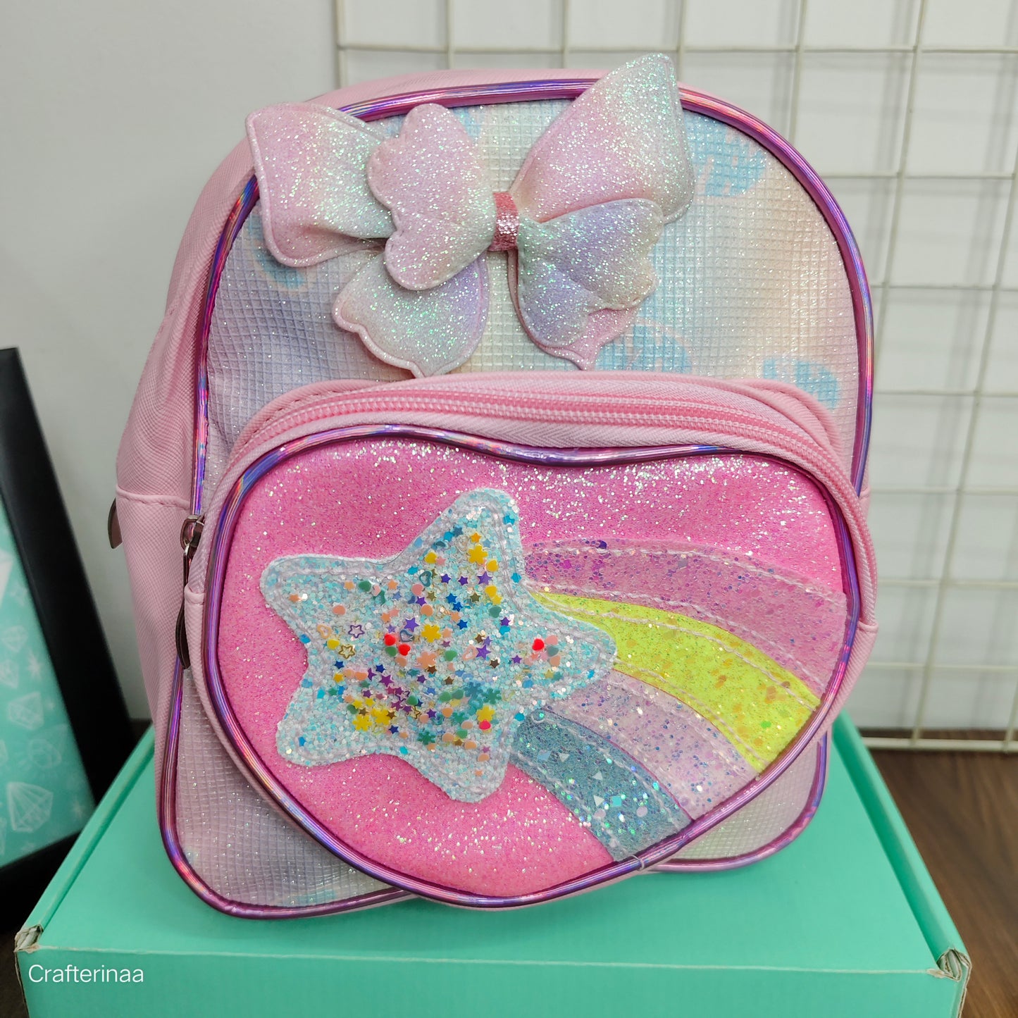 Glitter Heart Front Rainbow Backpack – School Bag for Girls