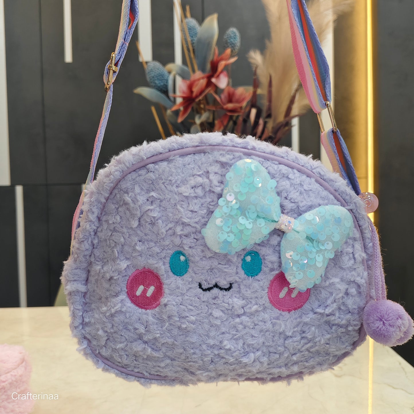 Soft Teddy Sling Bagfor Kids – Soft Furry Cartoon Face Shoulder Bag | Cute Mini Crossbody Bag for Girls”