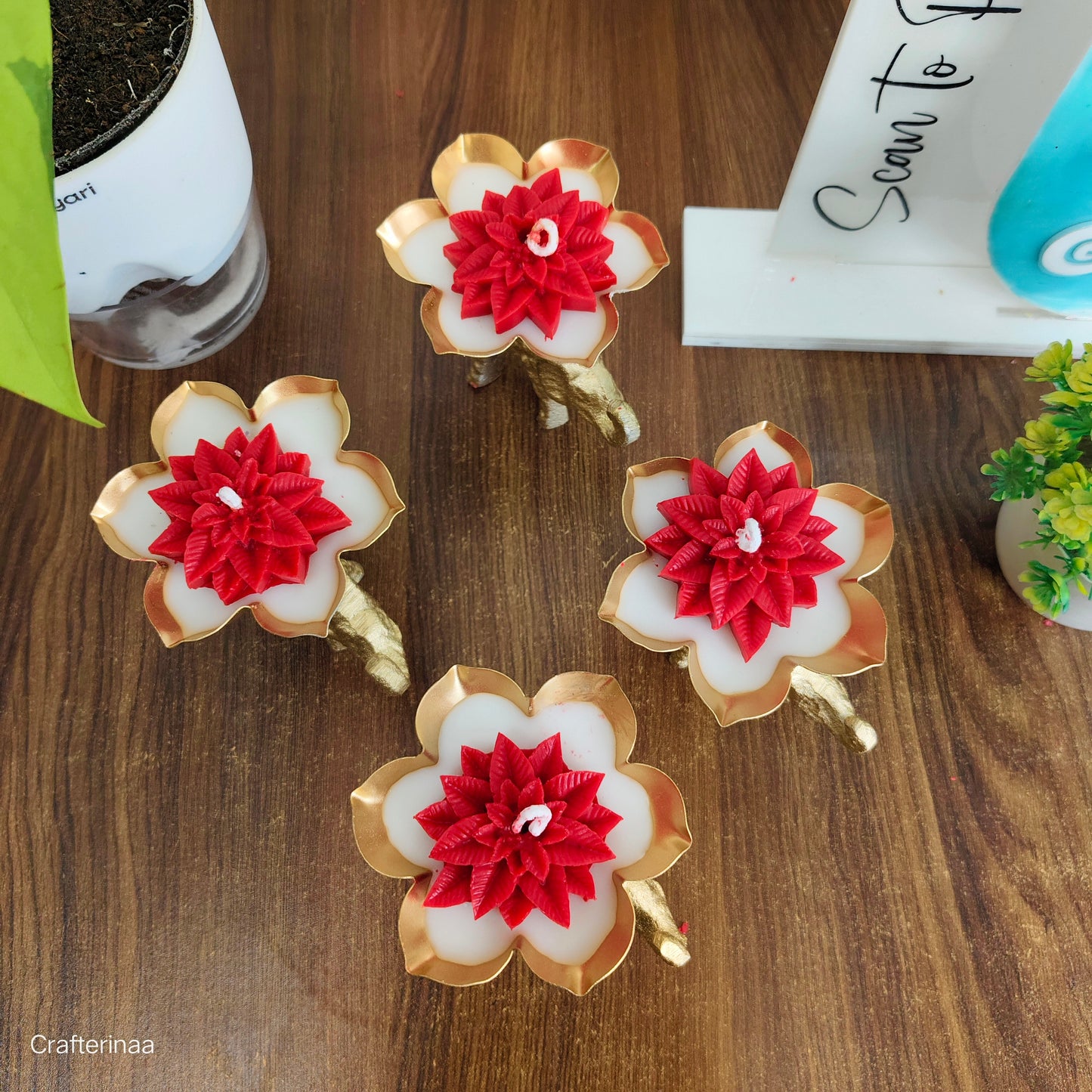 Premium Golden Petal Stand Candle with Red Floral Design|(Set of 2)