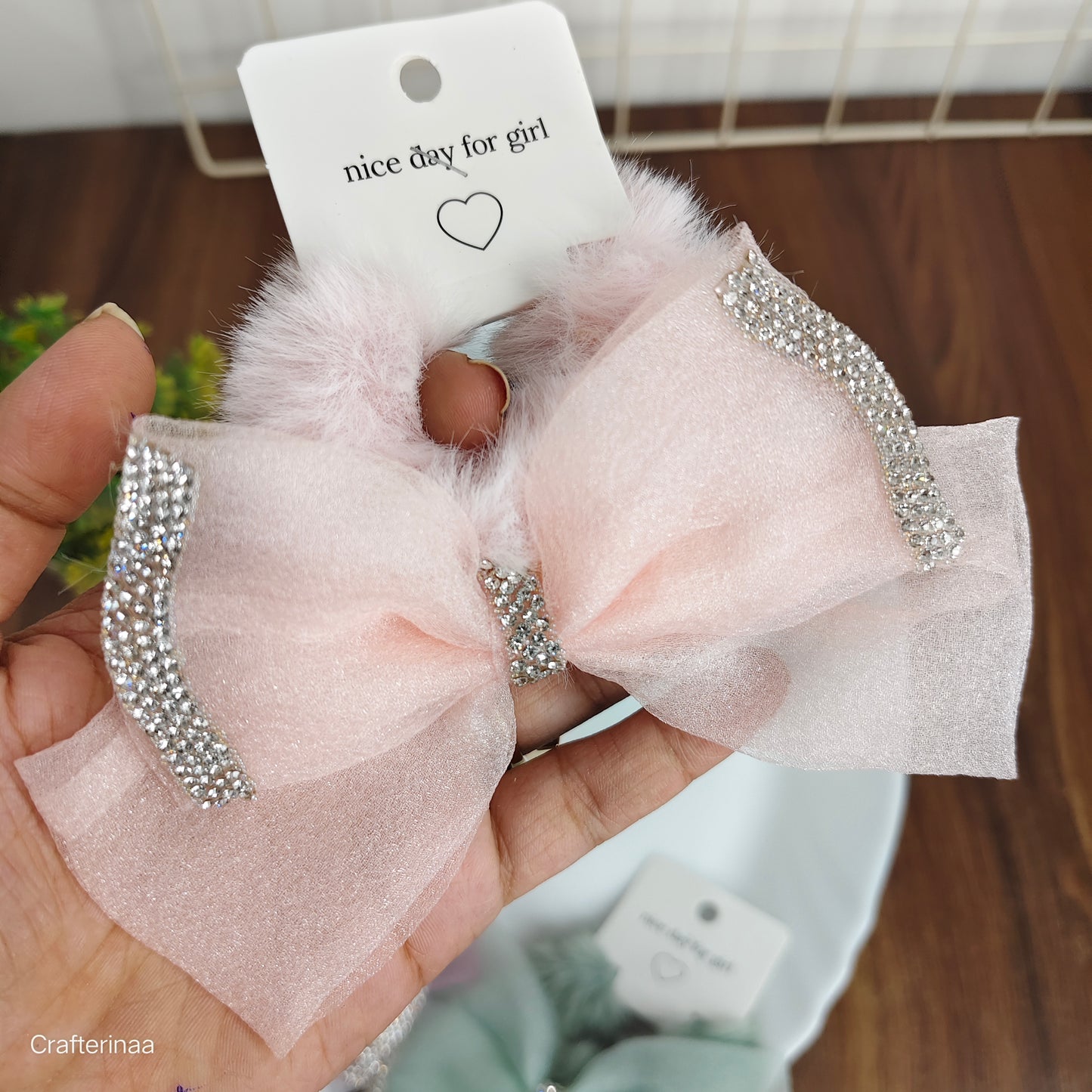 Luxury Fur Bow Hair Clips with Rhinestones|Furry Glitter Bow Hair Clip|