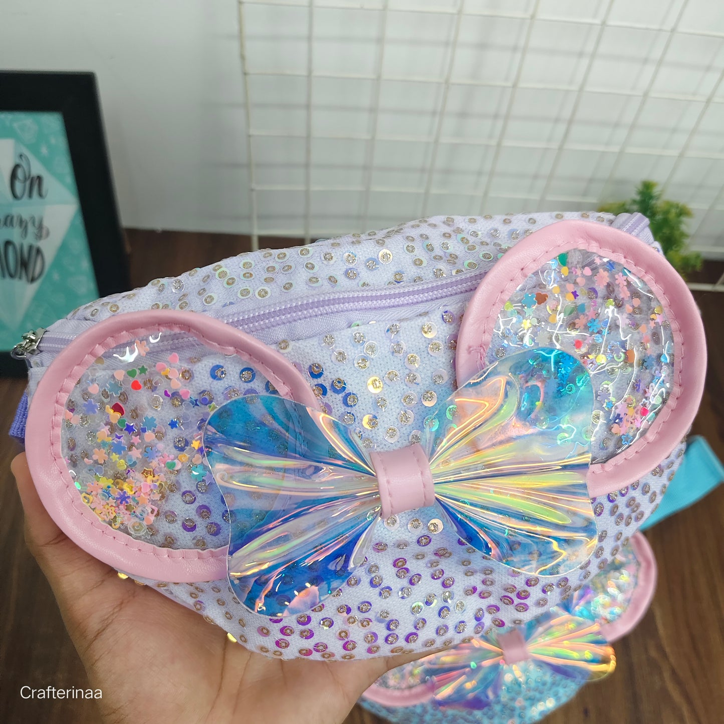 Girls’ Holographic Bow Waist Bag with Sparkle Ears – Adjustable belt